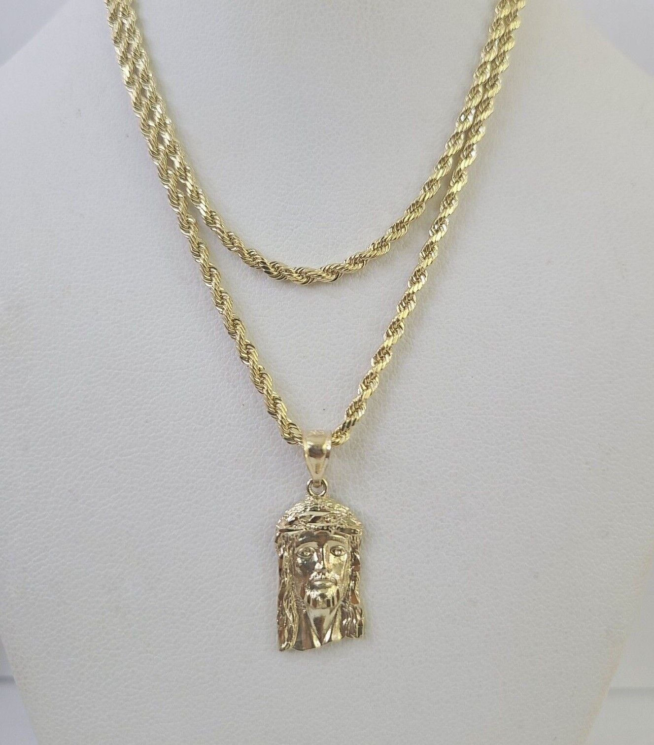 10k Rope Chain Jesus Head Pendant 18" - 30" Yellow Gold Set Charm Necklace 3mm - GoldenlinQ
