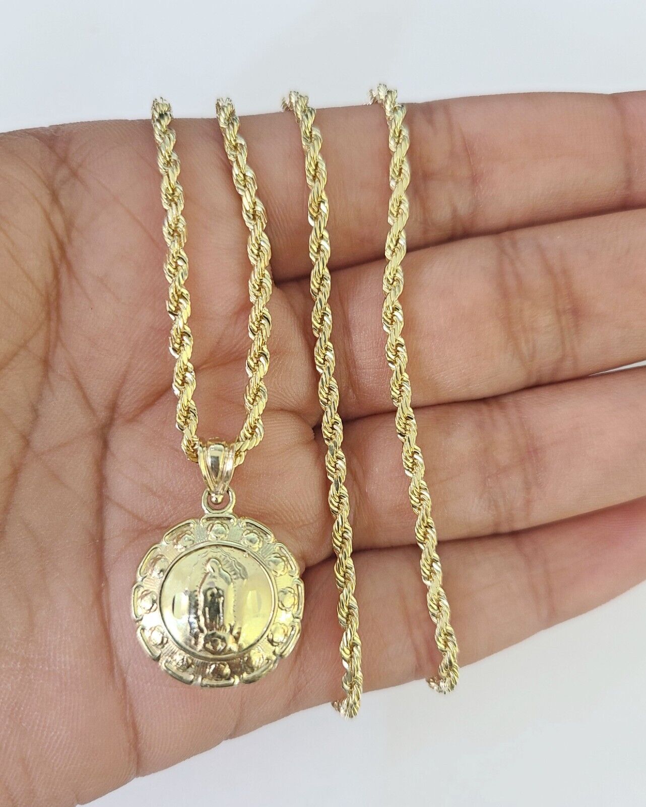 10k Rope Chain Jesus Virgin Mary Pendant Two Side 18" - 30" Set Charm Necklace - GoldenlinQ