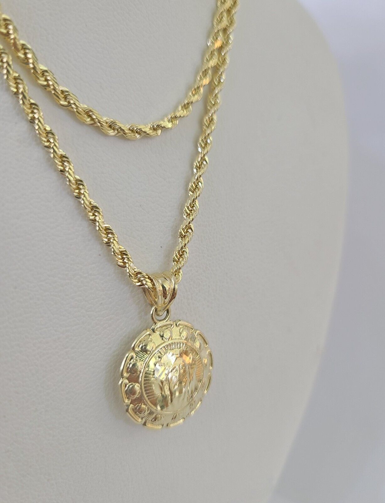 10k Rope Chain Jesus Virgin Mary Pendant Two Side 18" - 30" Set Charm Necklace - GoldenlinQ