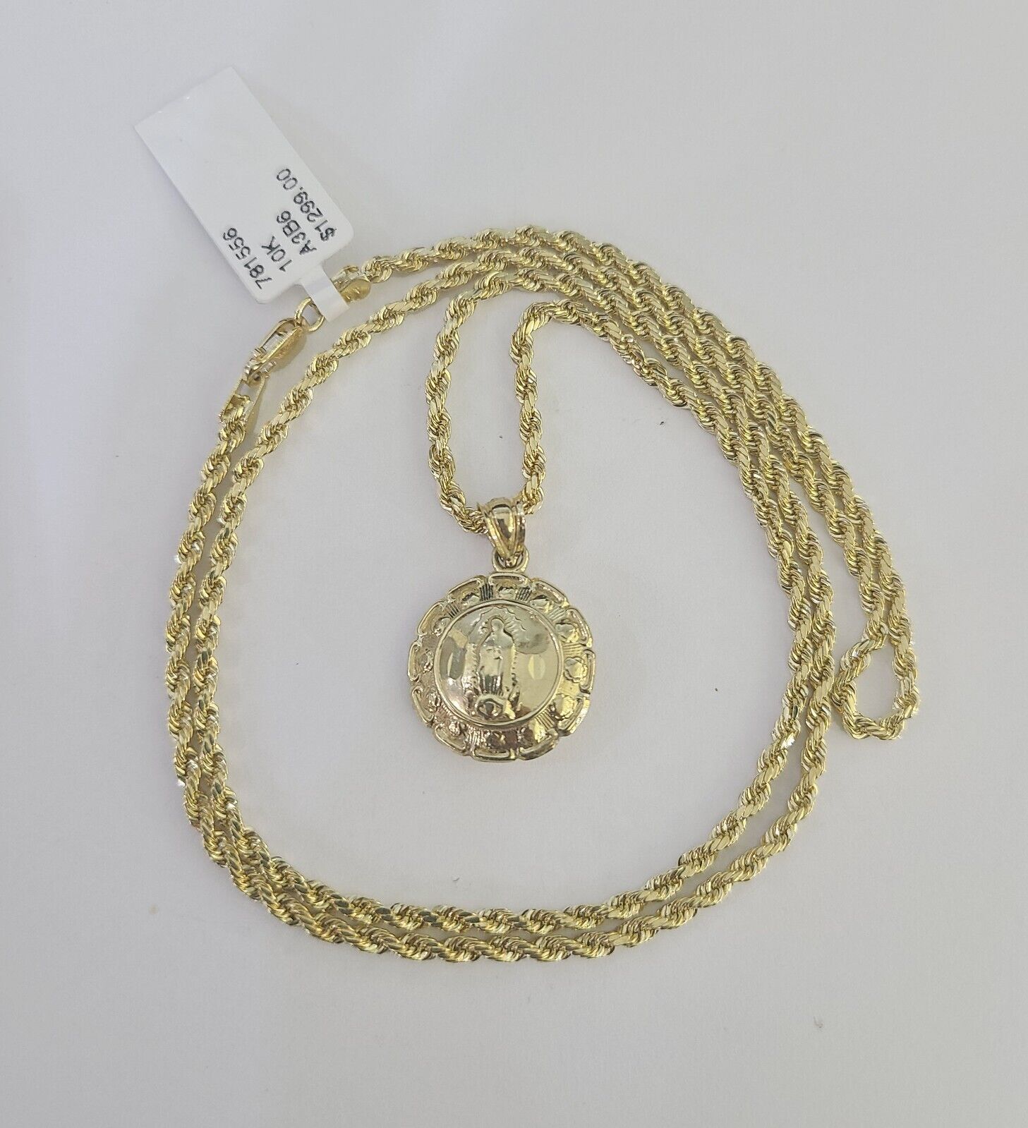 10k Rope Chain Jesus Virgin Mary Pendant Two Side 18" - 30" Set Charm Necklace - GoldenlinQ