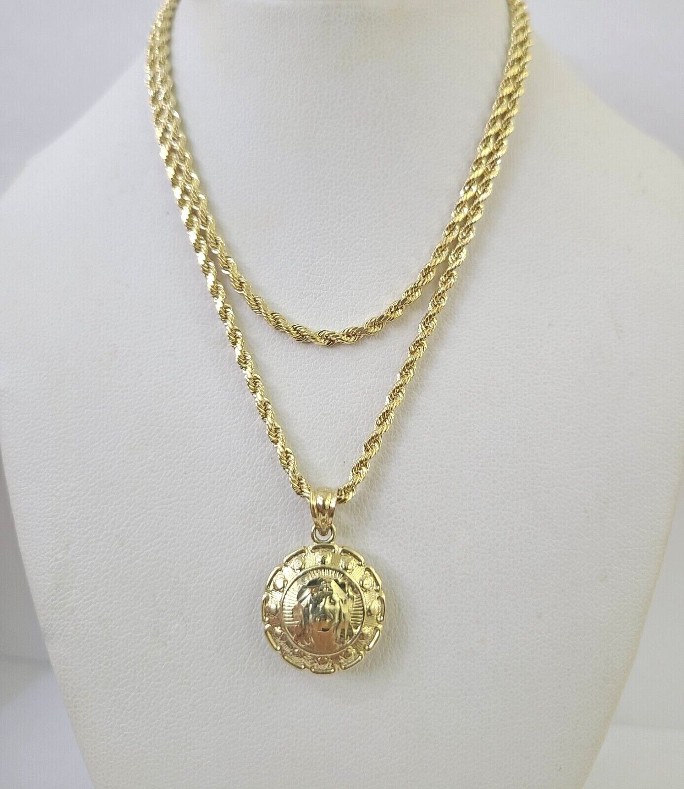 10k Rope Chain Jesus Virgin Mary Pendant Two Side 18" - 30" Set Charm Necklace - GoldenlinQ