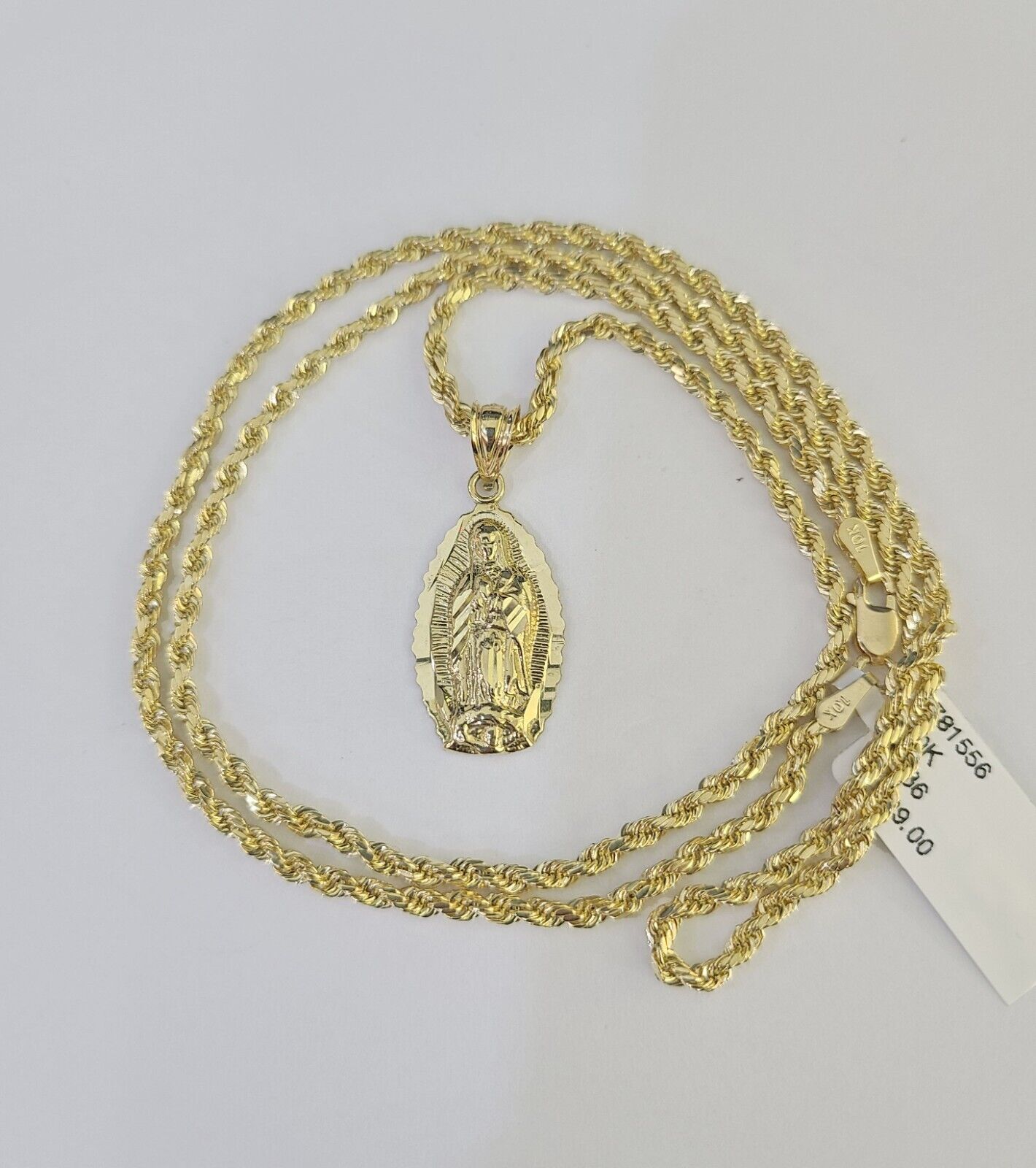 10k Rope Chain Virgin Mary Pendant 18" - 30" Yellow Gold Set Charm Necklace 3mm - GoldenlinQ