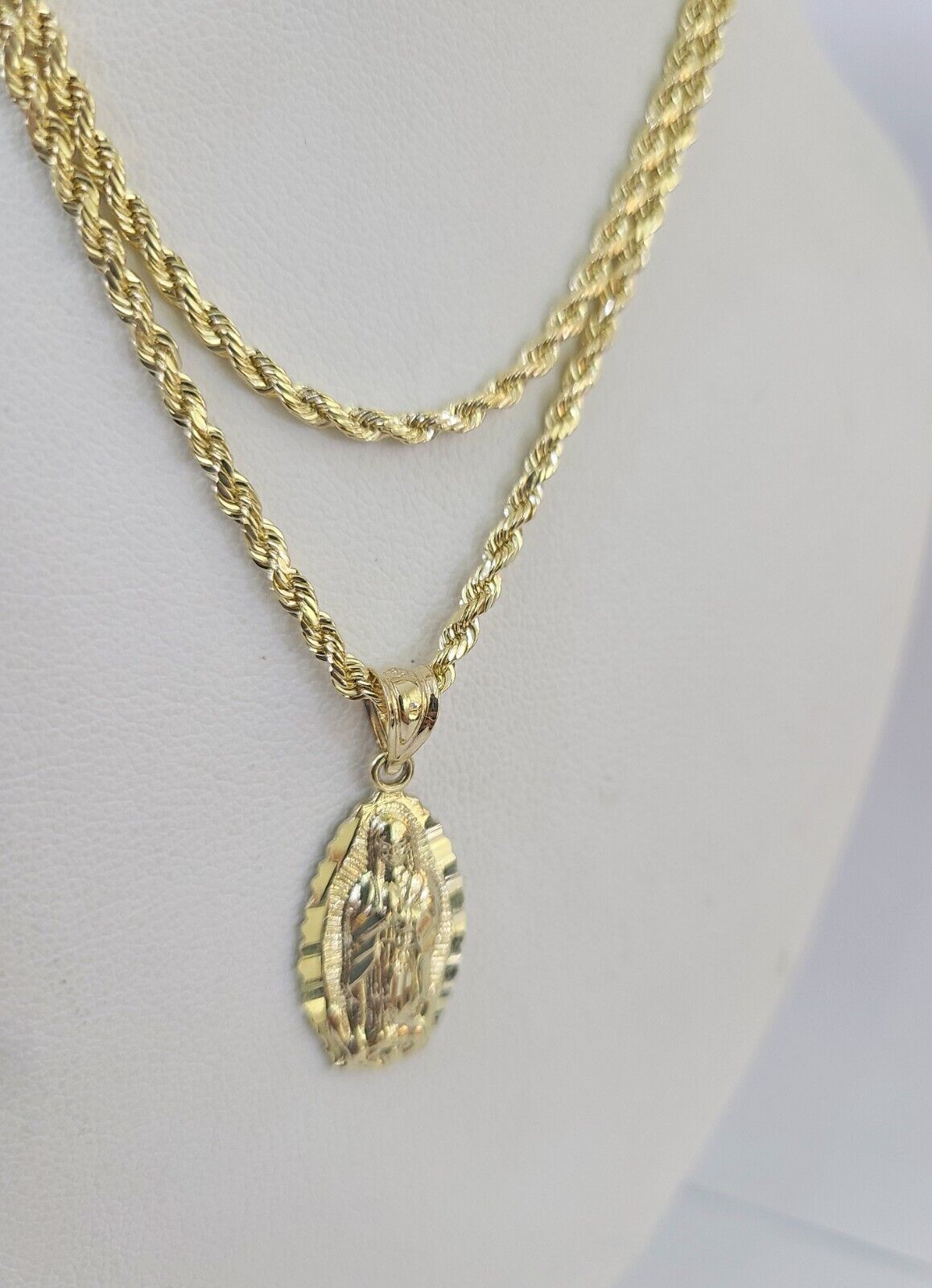 10k Rope Chain Virgin Mary Pendant 18" - 30" Yellow Gold Set Charm Necklace 3mm - GoldenlinQ