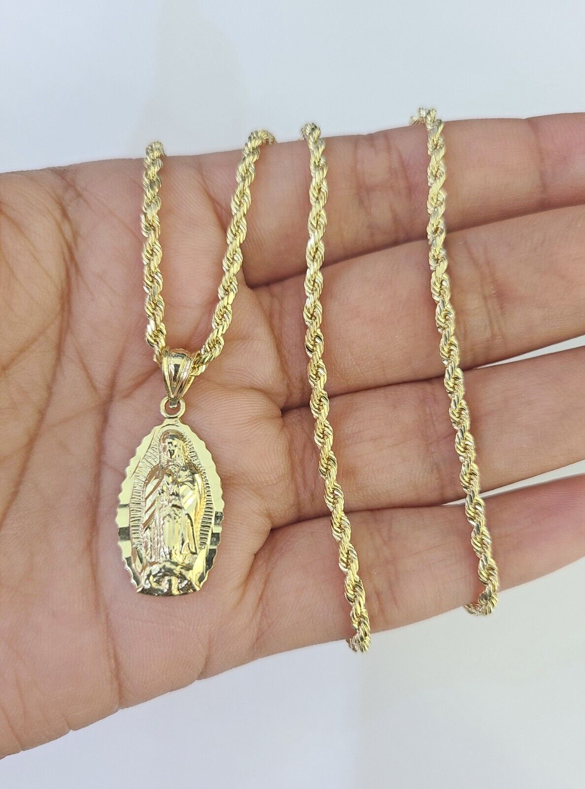 10k Rope Chain Virgin Mary Pendant 18" - 30" Yellow Gold Set Charm Necklace 3mm - GoldenlinQ