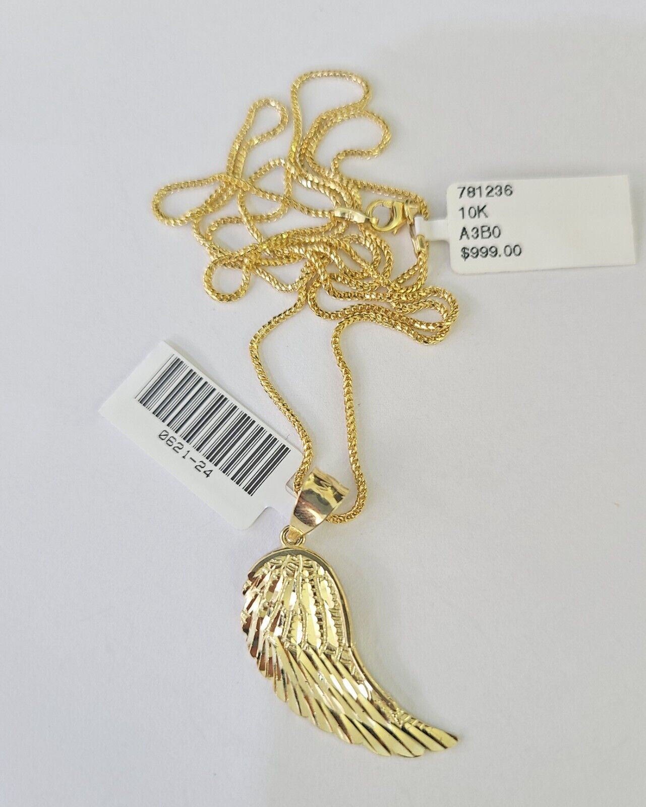10K Solid Franco Chain Angel Wings Pendant Charm Necklace 18" - 24" 1.5mm Gold - GoldenlinQ