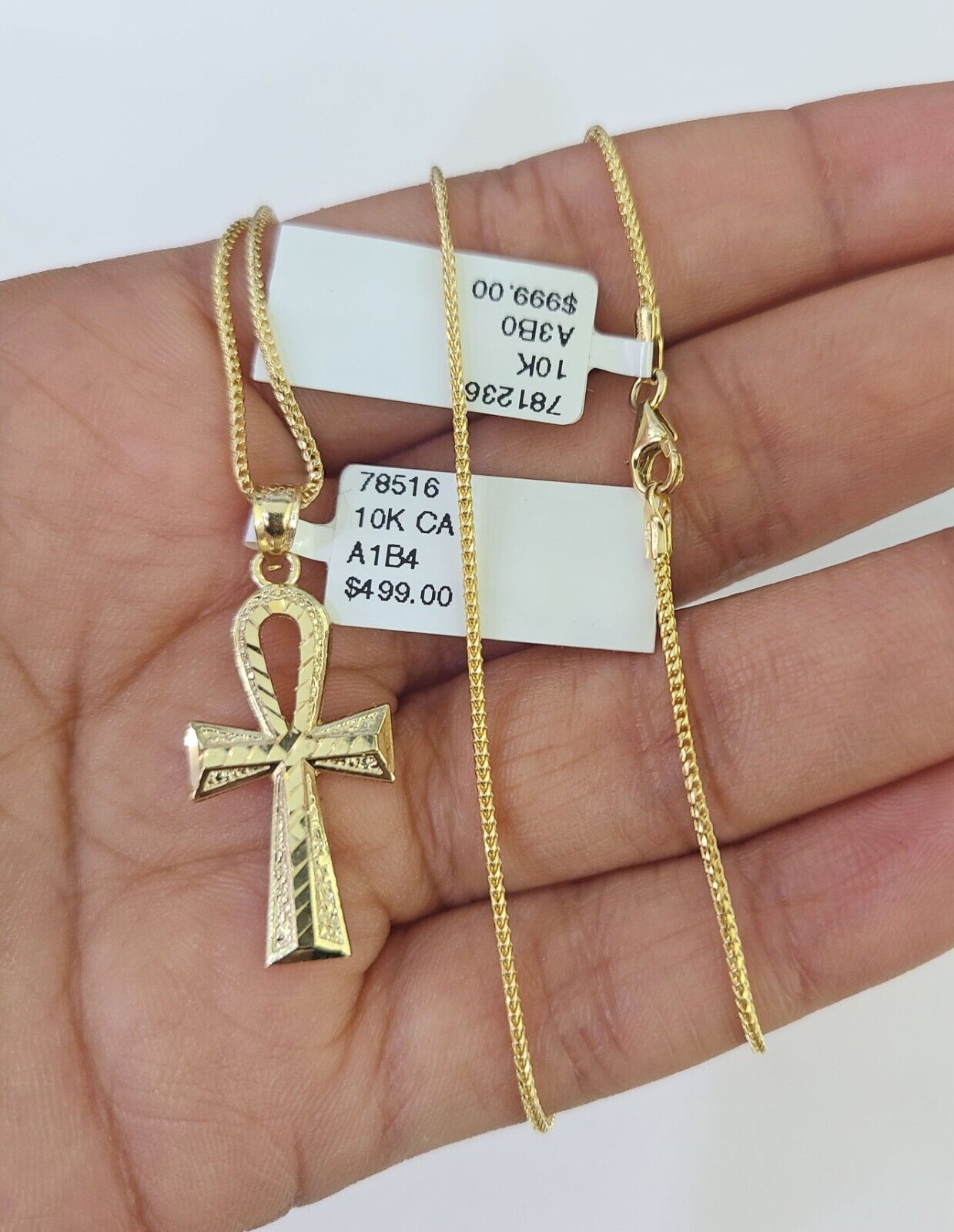 10K Solid Franco Chain Ankh Cross Pendant Charm Necklace 18" - 24" 1.5mm Gold - GoldenlinQ
