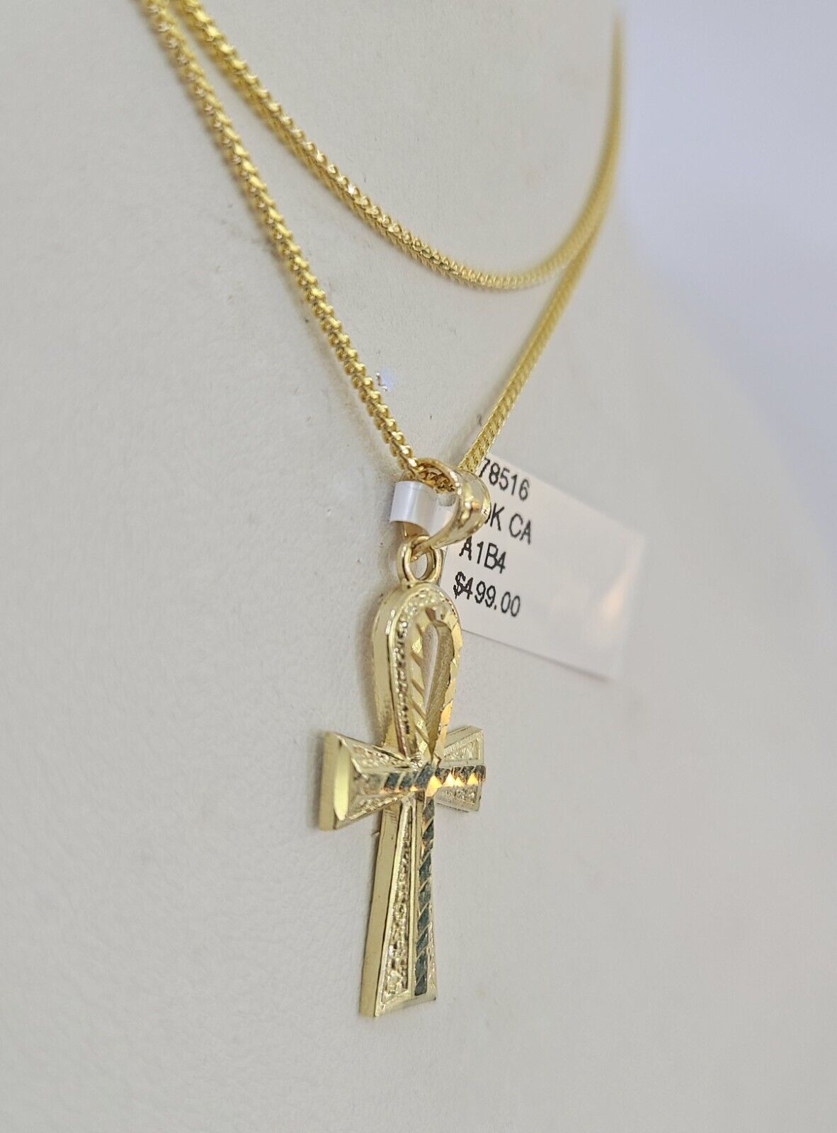 10K Solid Franco Chain Ankh Cross Pendant Charm Necklace 18" - 24" 1.5mm Gold - GoldenlinQ