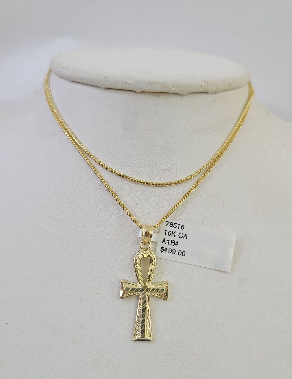 10K Solid Franco Chain Ankh Cross Pendant Charm Necklace 18" - 24" 1.5mm Gold - GoldenlinQ