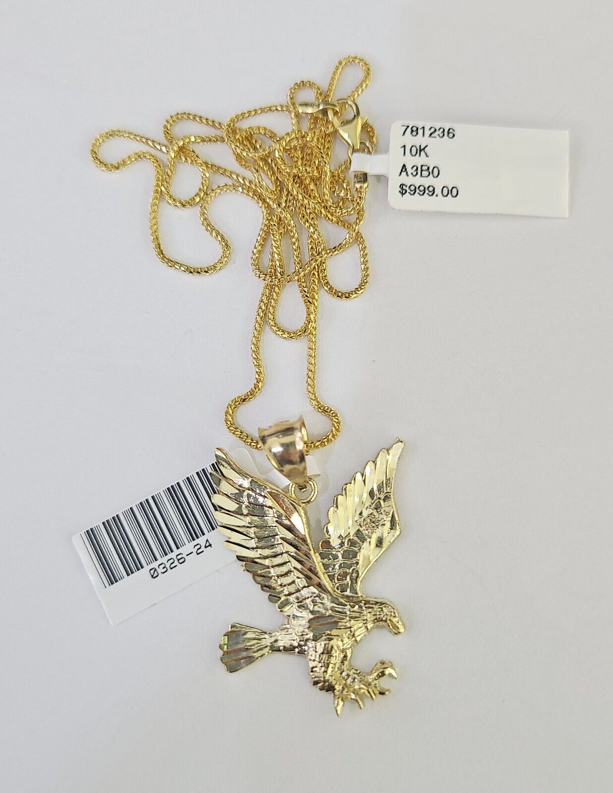 10K Solid Franco Chain Eagle Pendant Charm Necklace 18" - 24" 1.5mm Yellow Gold - GoldenlinQ