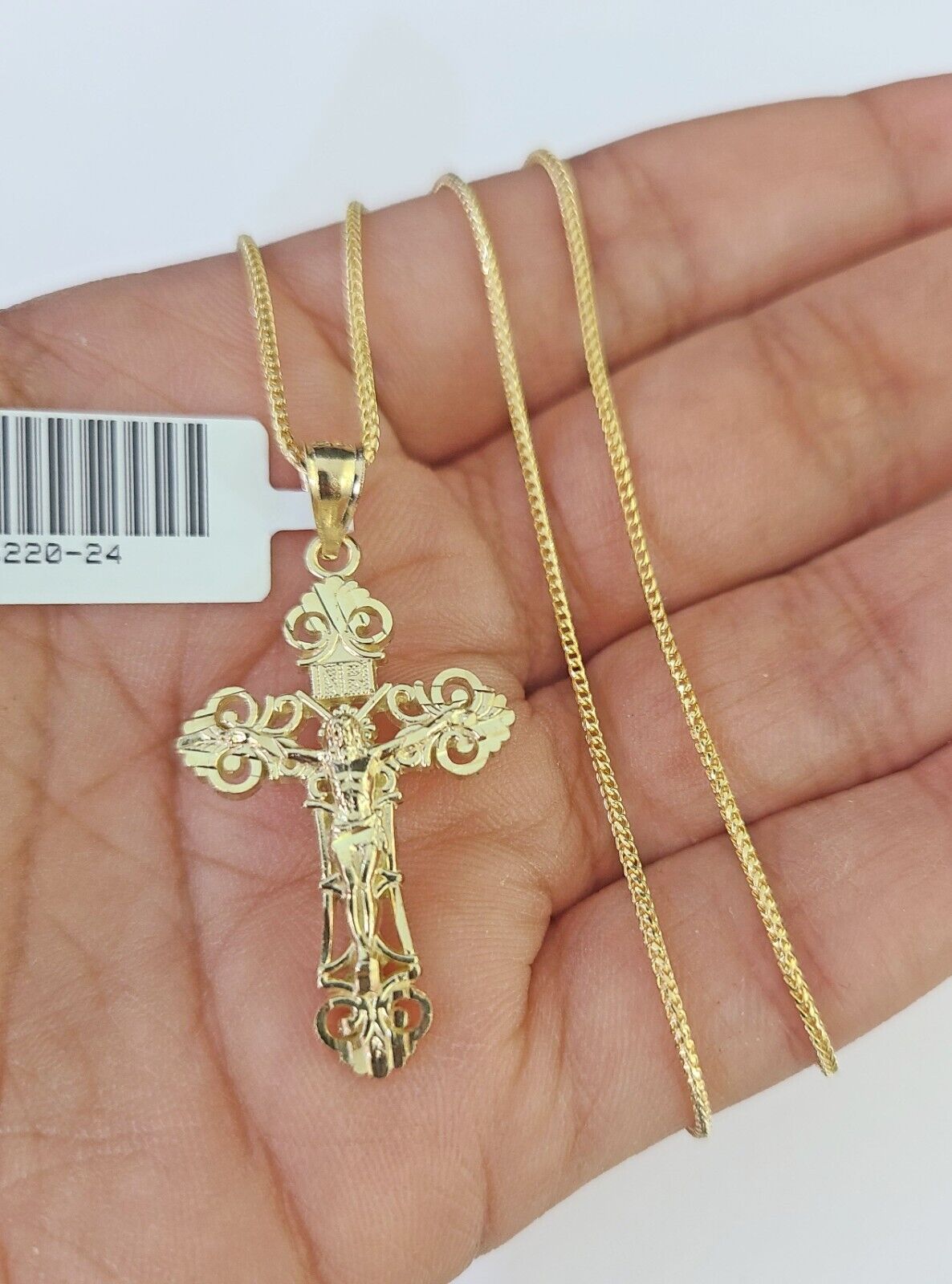 10K Solid Franco Chain INRI Jesus Cross Pendant Charm Necklace 18" - 24" 1.5mm - GoldenlinQ