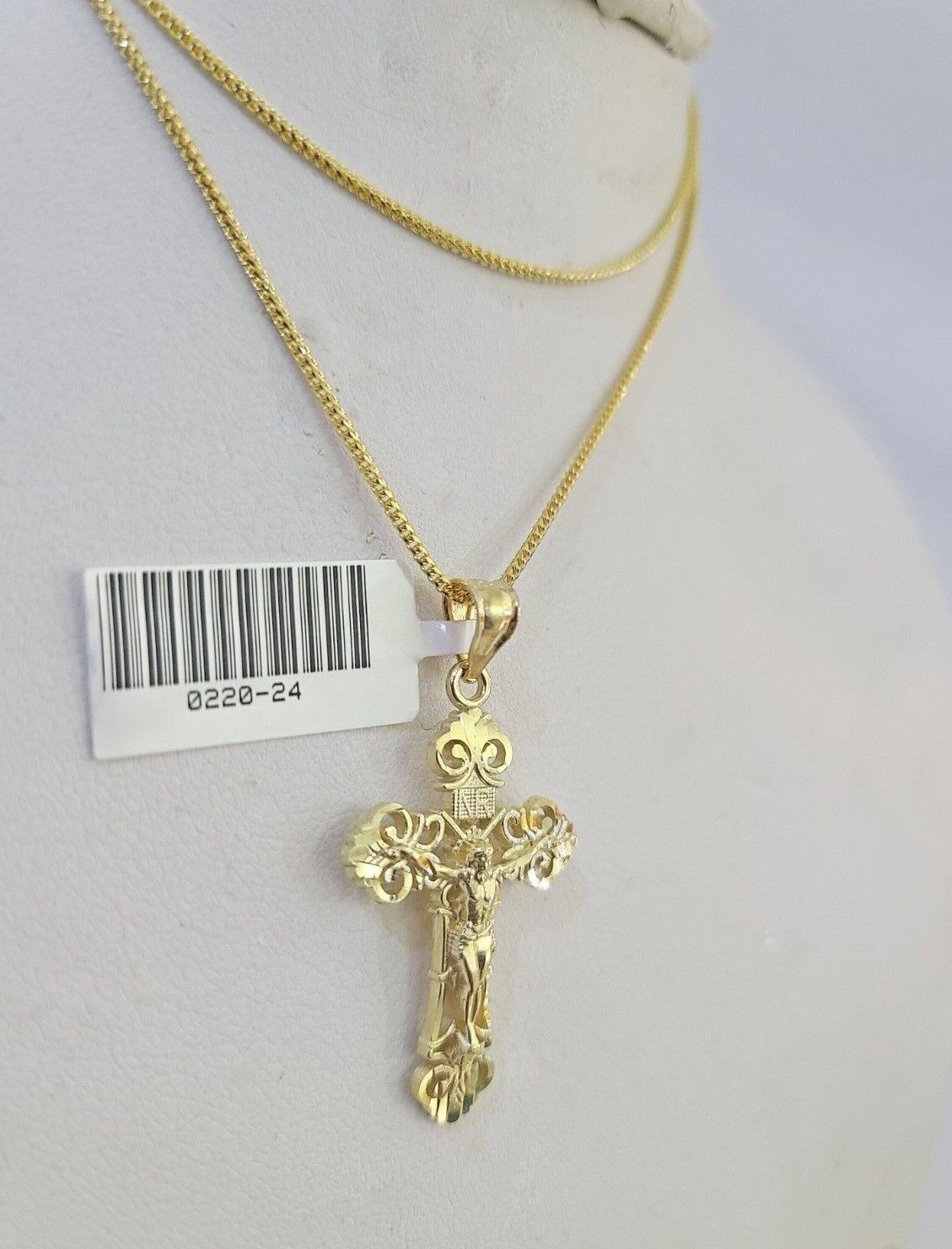 10K Solid Franco Chain INRI Jesus Cross Pendant Charm Necklace 18" - 24" 1.5mm - GoldenlinQ