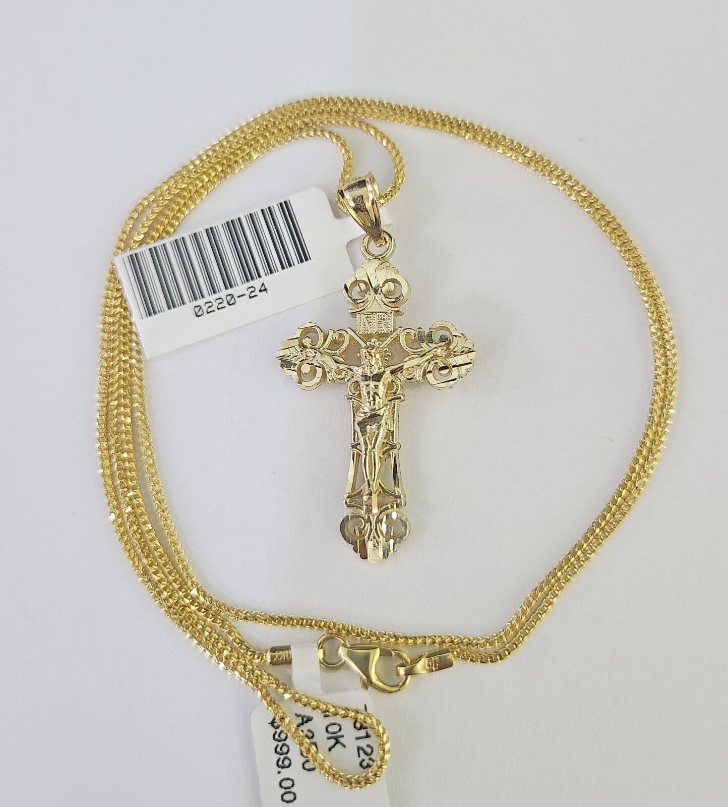 10K Solid Franco Chain INRI Jesus Cross Pendant Charm Necklace 18" - 24" 1.5mm - GoldenlinQ