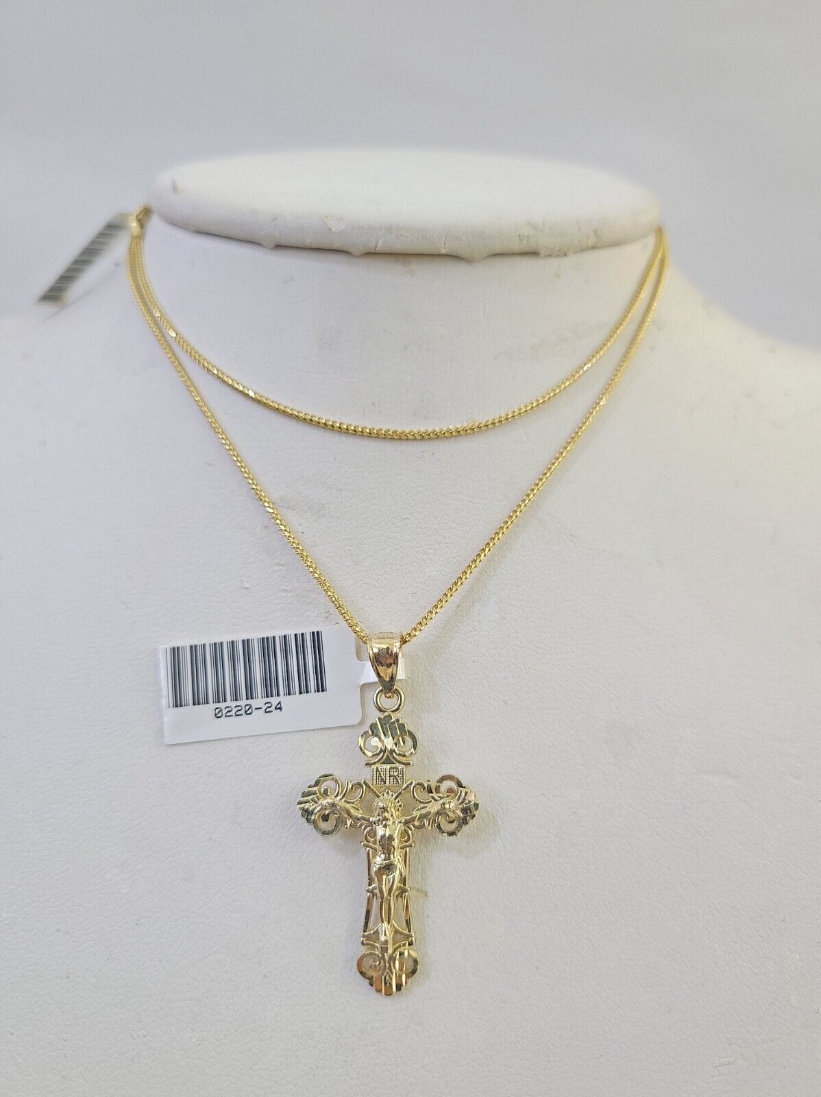 10K Solid Franco Chain INRI Jesus Cross Pendant Charm Necklace 18" - 24" 1.5mm - GoldenlinQ