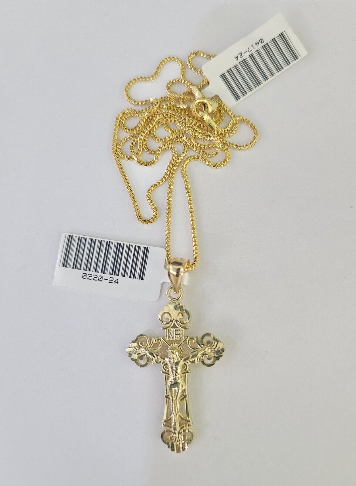 10K Solid Franco Chain INRI Jesus Cross Pendant Charm Necklace 18" - 24" 1.5mm - GoldenlinQ