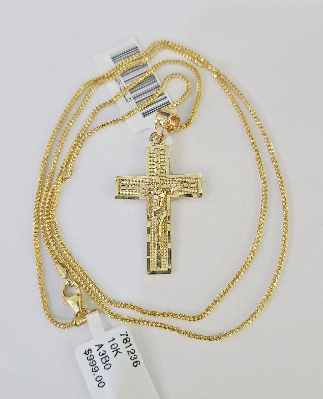 10K Solid Franco Chain Jesus Cross Pendant Charm Necklace 18" - 24" 1.5mm Gold - GoldenlinQ