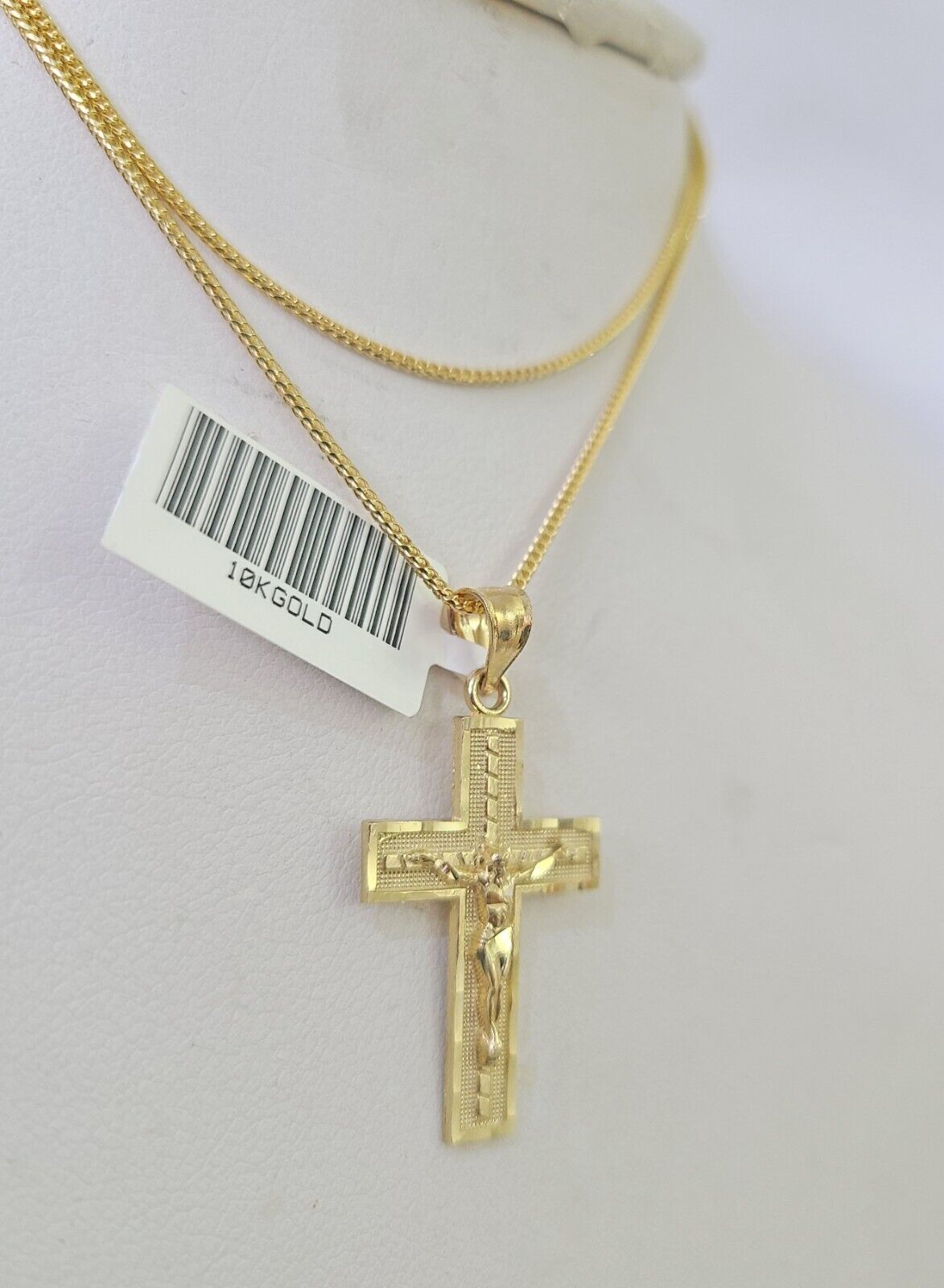10K Solid Franco Chain Jesus Cross Pendant Charm Necklace 18" - 24" 1.5mm Gold - GoldenlinQ