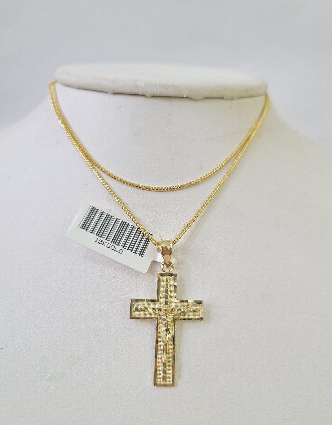 10K Solid Franco Chain Jesus Cross Pendant Charm Necklace 18" - 24" 1.5mm Gold - GoldenlinQ