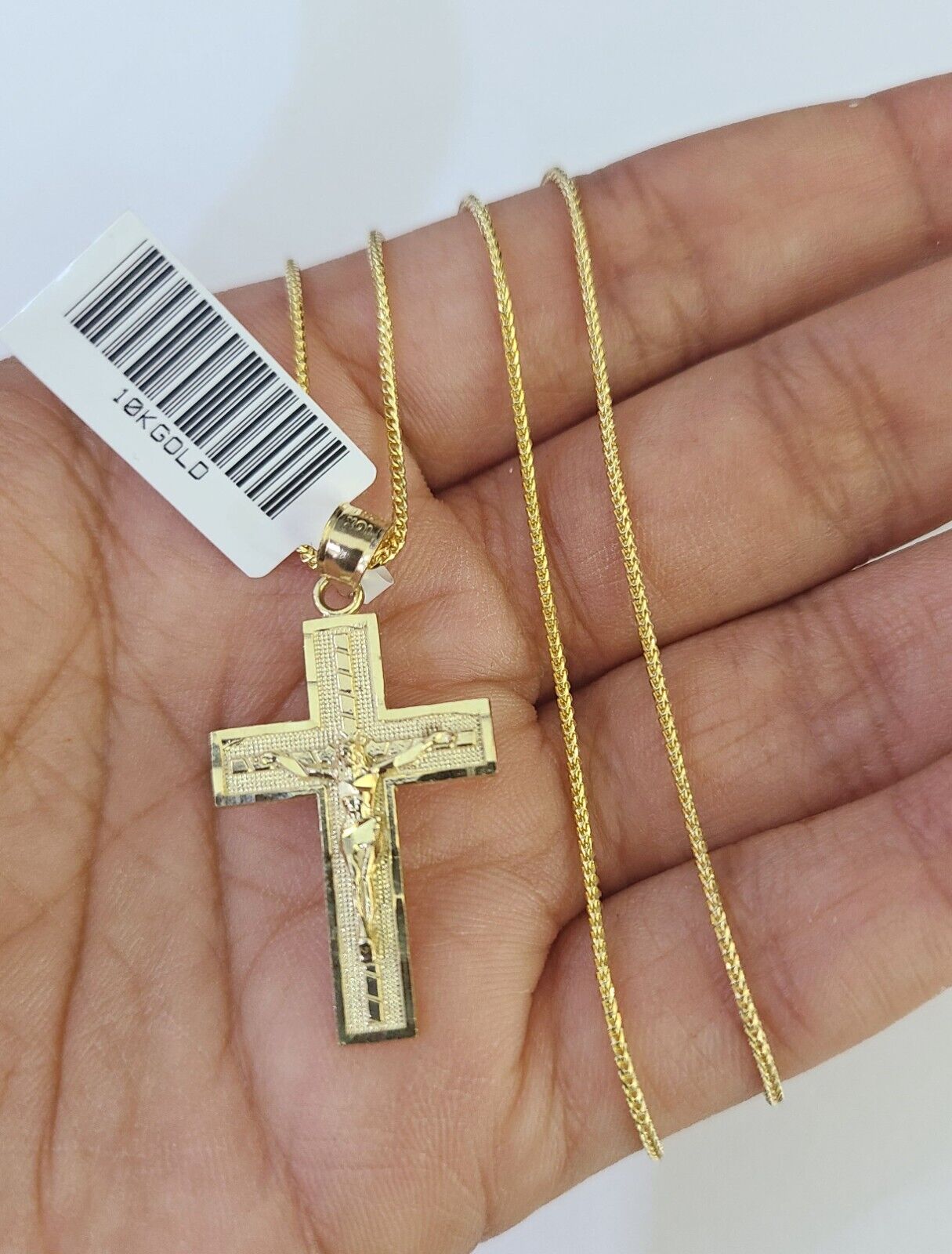 10K Solid Franco Chain Jesus Cross Pendant Charm Necklace 18" - 24" 1.5mm Gold - GoldenlinQ