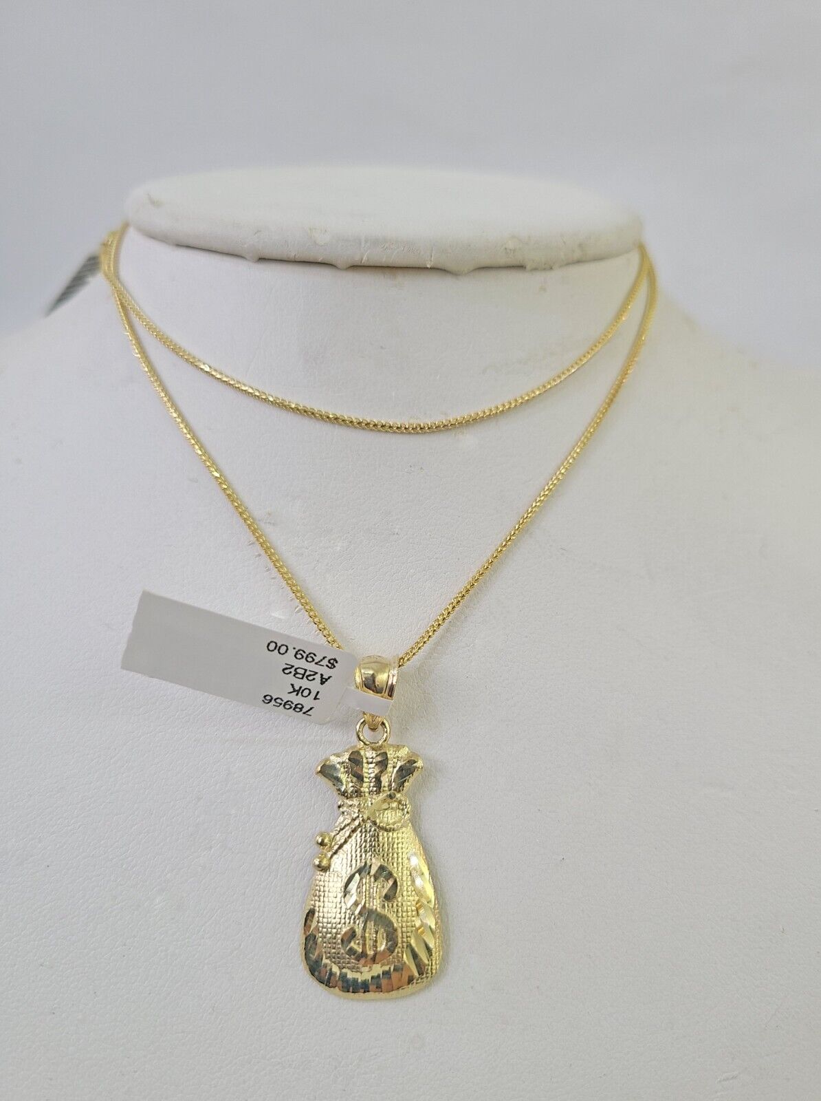 10K Solid Franco Chain Money Bag Pendant Dollar Charm Necklace 18" - 24" 1.5mm - GoldenlinQ