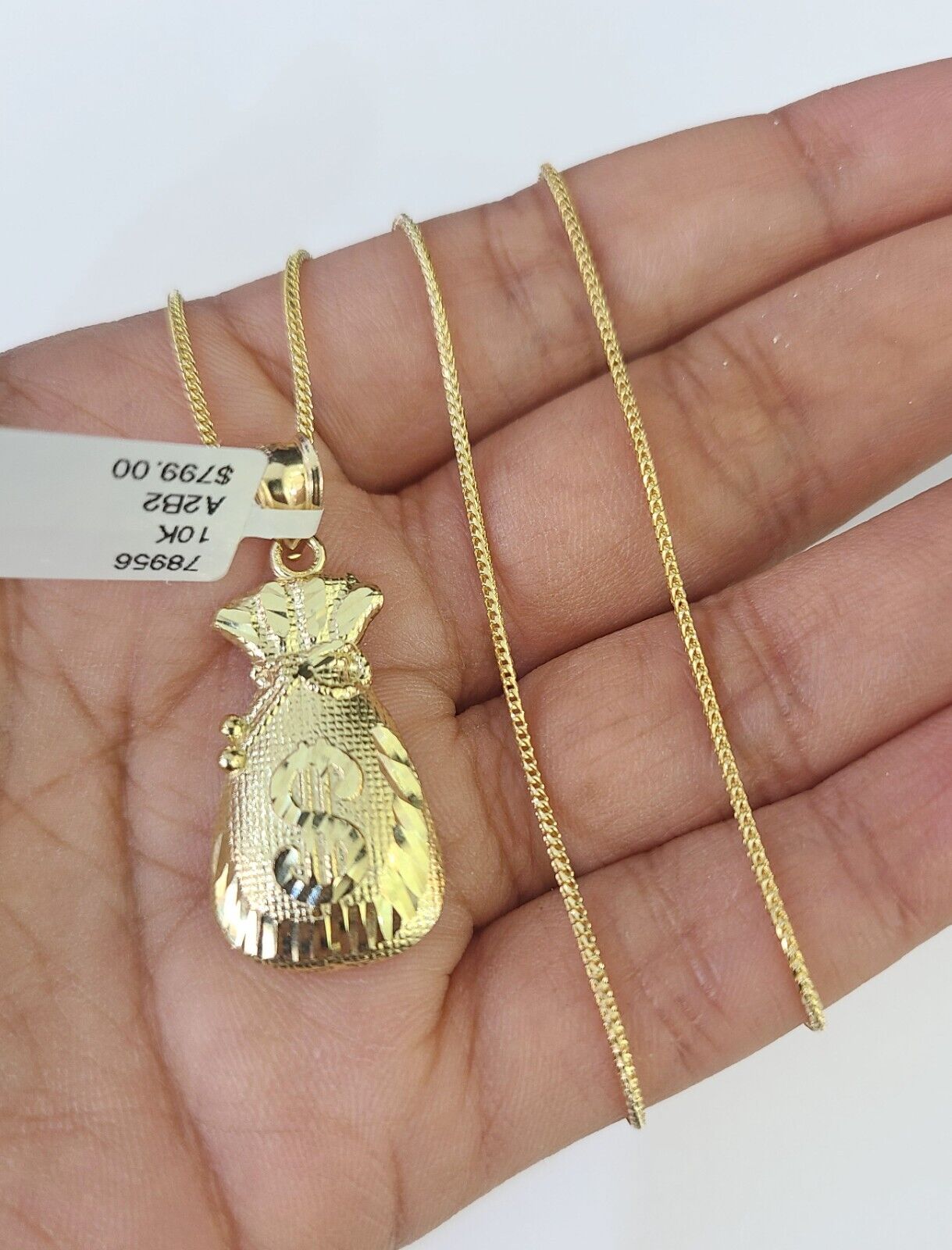 10K Solid Franco Chain Money Bag Pendant Dollar Charm Necklace 18" - 24" 1.5mm - GoldenlinQ
