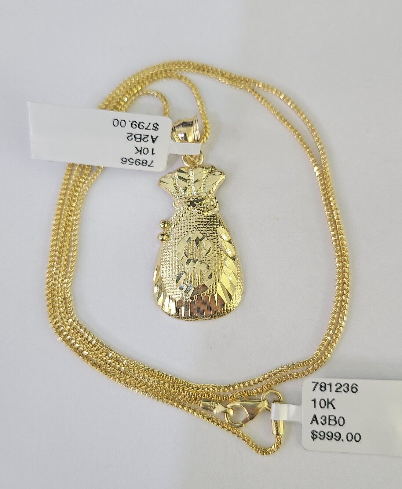 10K Solid Franco Chain Money Bag Pendant Dollar Charm Necklace 18" - 24" 1.5mm - GoldenlinQ