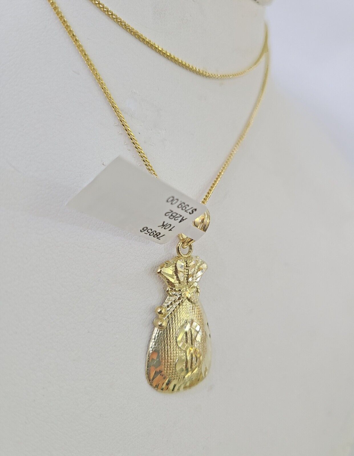 10K Solid Franco Chain Money Bag Pendant Dollar Charm Necklace 18" - 24" 1.5mm - GoldenlinQ