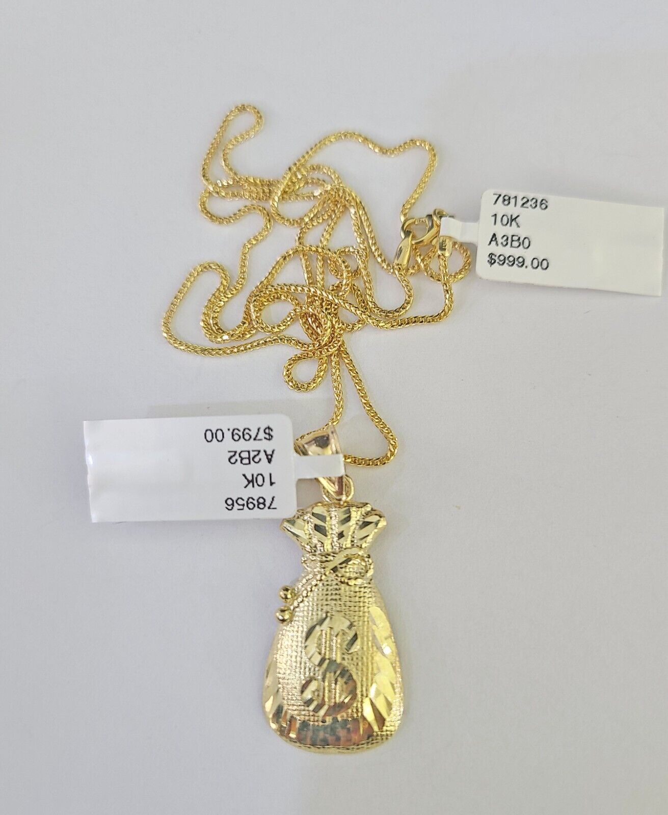 10K Solid Franco Chain Money Bag Pendant Dollar Charm Necklace 18" - 24" 1.5mm - GoldenlinQ