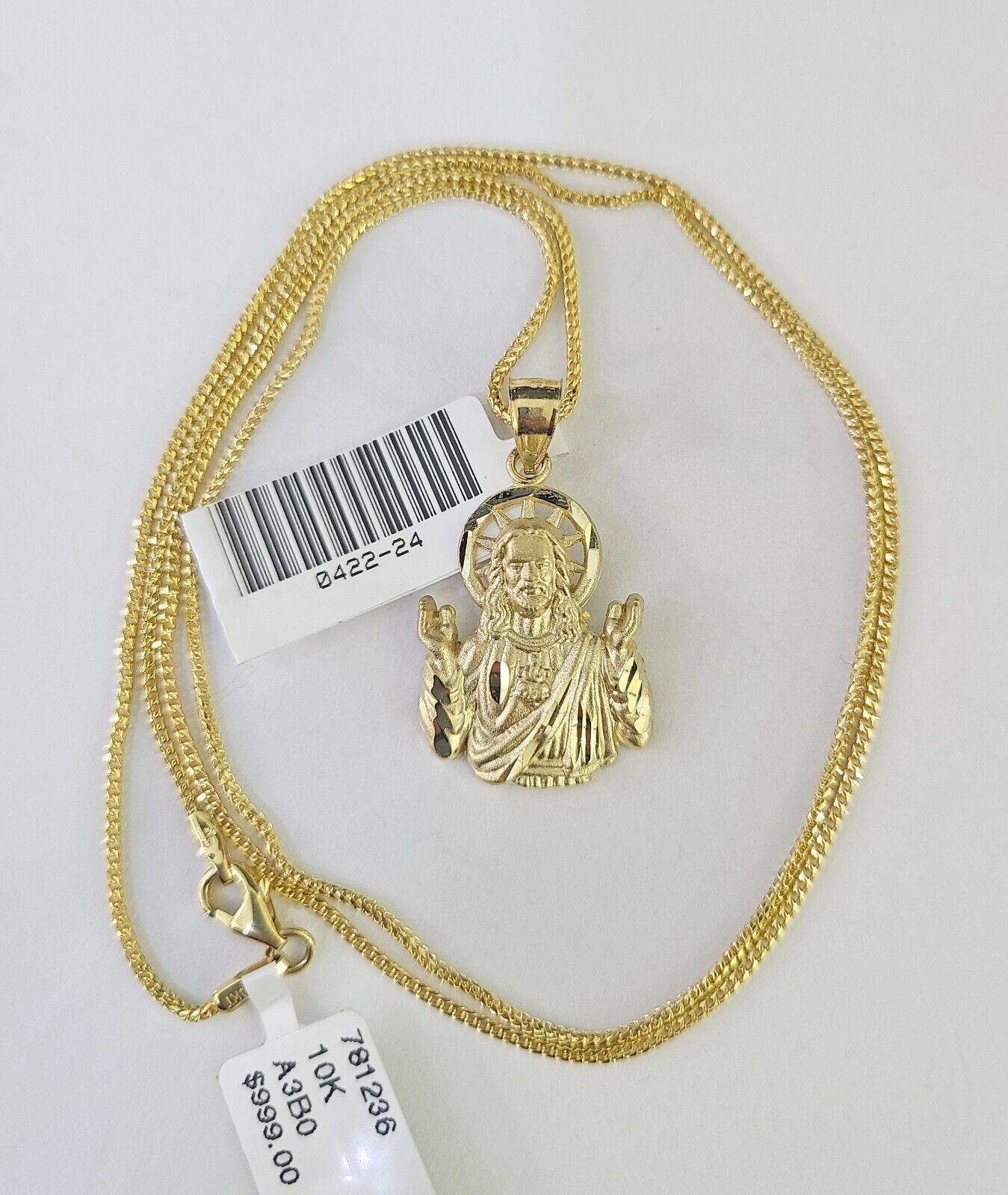 10K Solid Franco Chain Praying Jesus Christ Pendant Charm Necklace 18" - 24" 1.5mm - GoldenlinQ