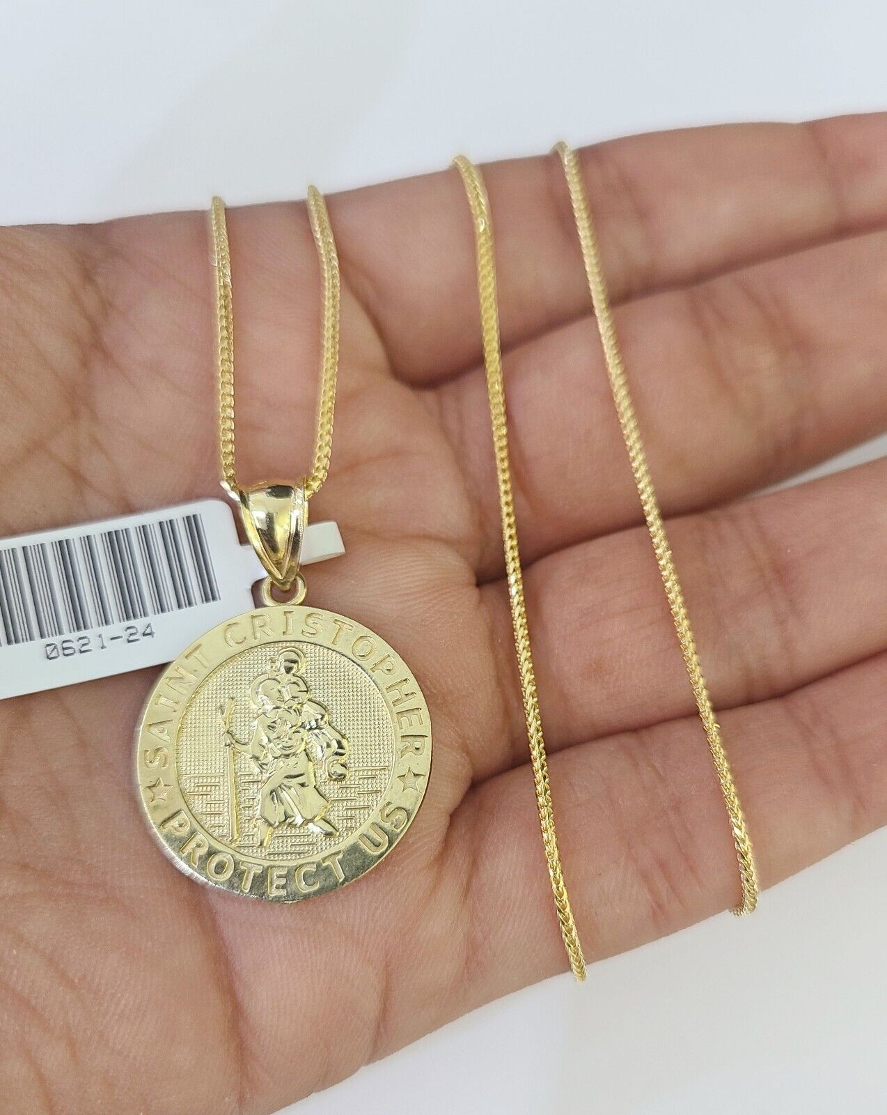 10K Solid Franco Chain Saint Cristopher Pendant Charm Necklace 18" - 24" 1.5mm - GoldenlinQ