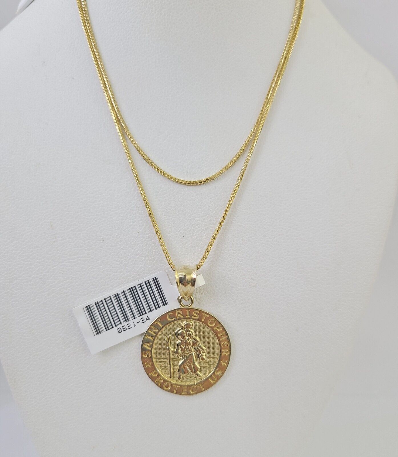 10K Solid Franco Chain Saint Cristopher Pendant Charm Necklace 18" - 24" 1.5mm - GoldenlinQ