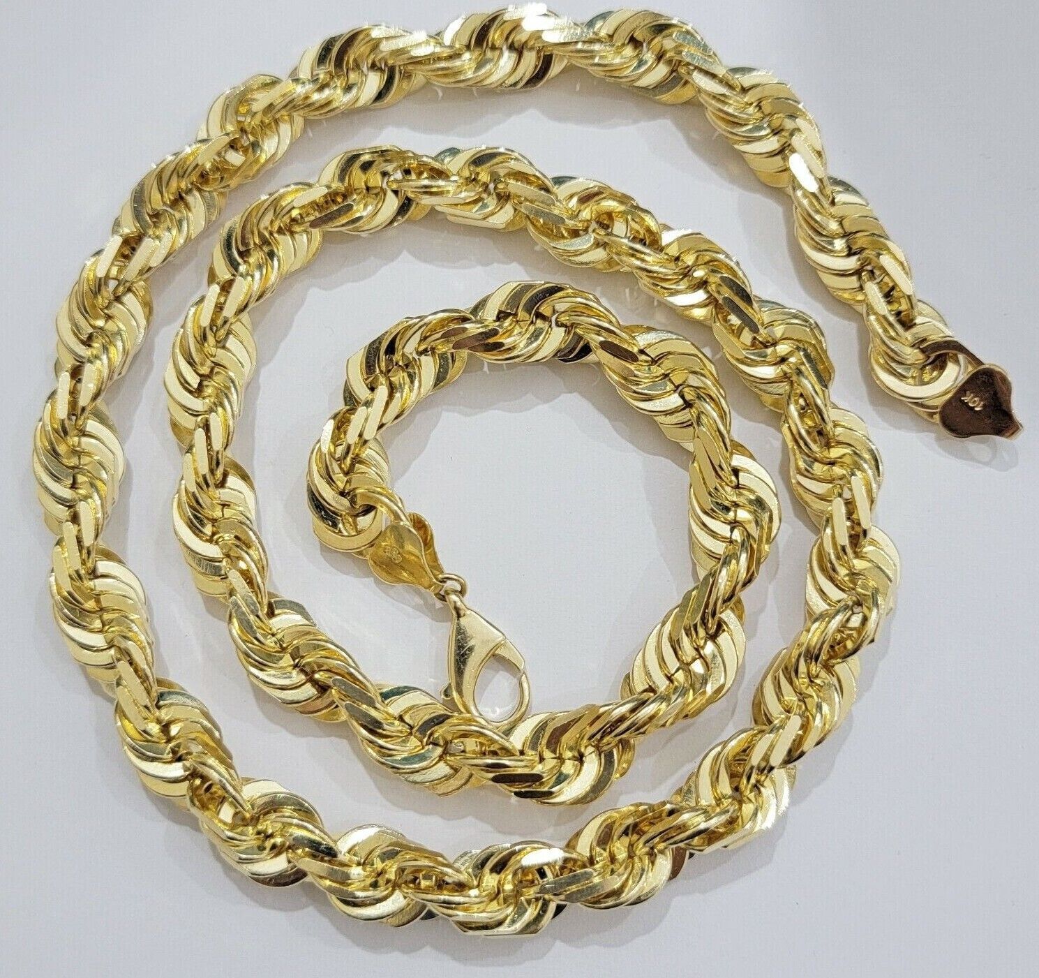 10K Solid Gold Rope Chain Mens Necklace 14mm Length 22" 24" 26" 28" 30" - GoldenlinQ