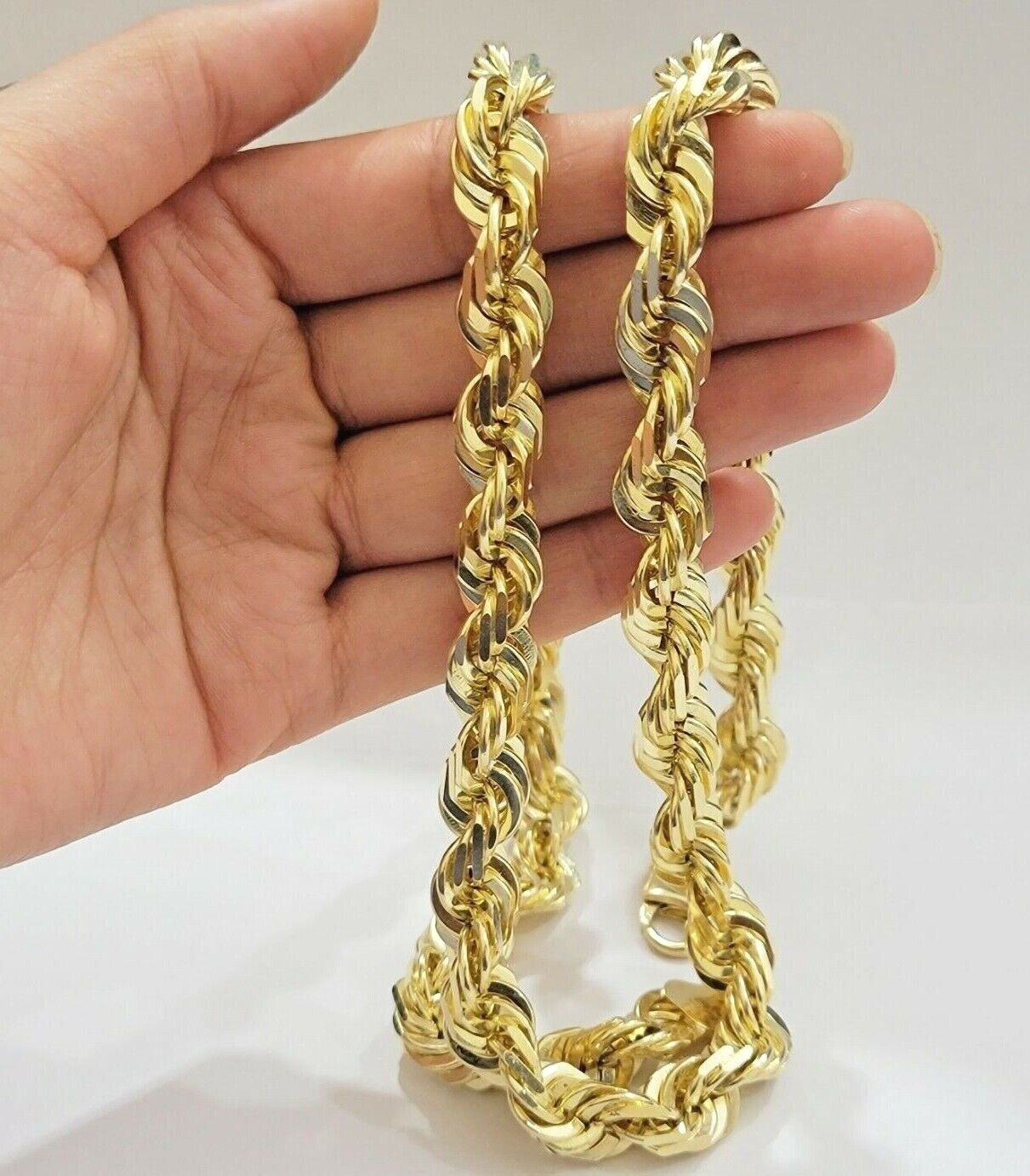 10K Solid Gold Rope Chain Mens Necklace 14mm Length 22" 24" 26" 28" 30" - GoldenlinQ