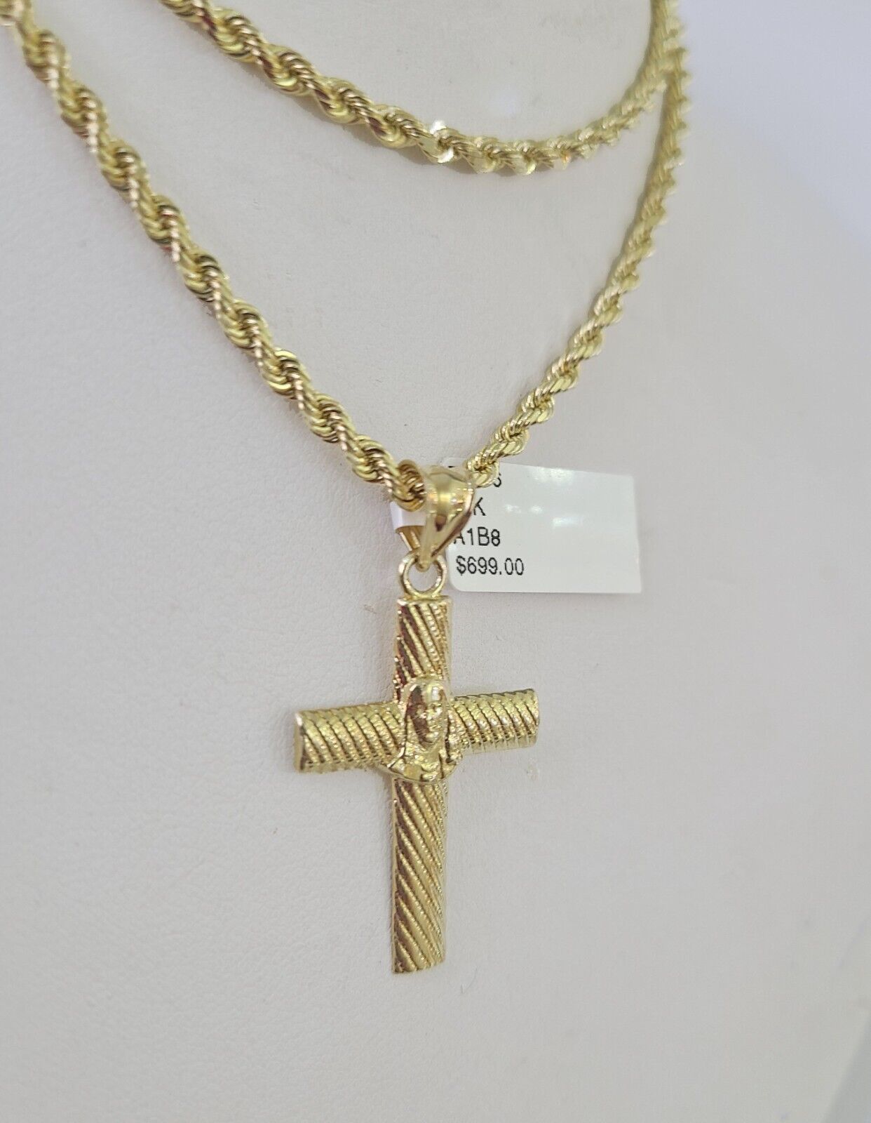 10k Solid Rope Chain 3mm Jesus Cross Pendant Charm Necklace SET 18 - 28 in - GoldenlinQ