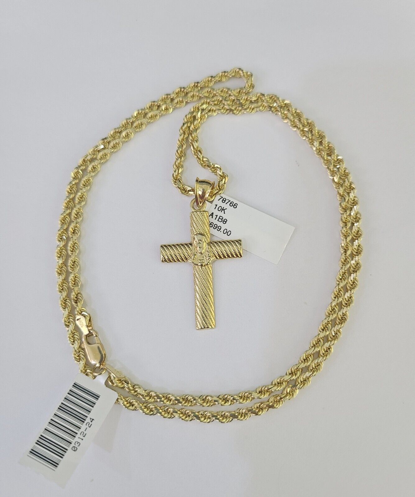 10k Solid Rope Chain 3mm Jesus Cross Pendant Charm Necklace SET 18 - 28 in - GoldenlinQ