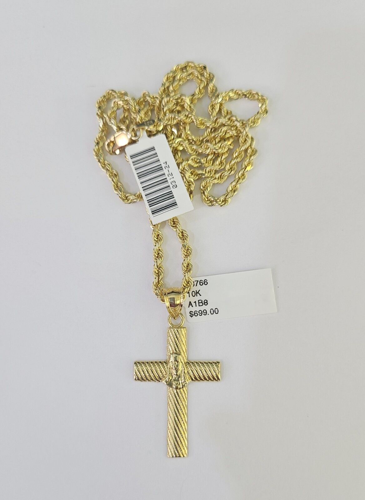 10k Solid Rope Chain 3mm Jesus Cross Pendant Charm Necklace SET 18 - 28 in - GoldenlinQ