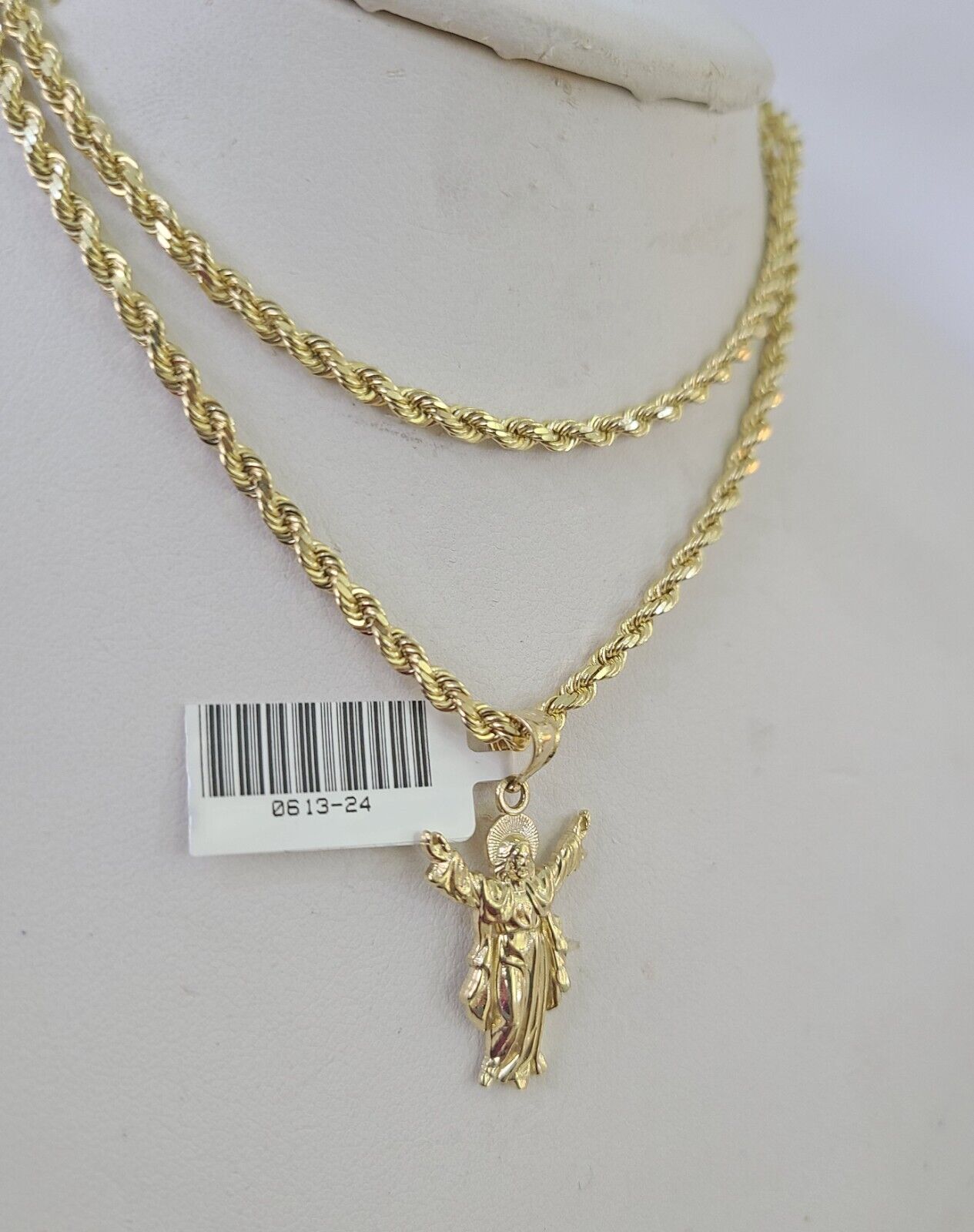 10k Solid Rope Chain 3mm Jesus Full Body Pendant Charm Necklace SET 18 - 28 in - GoldenlinQ