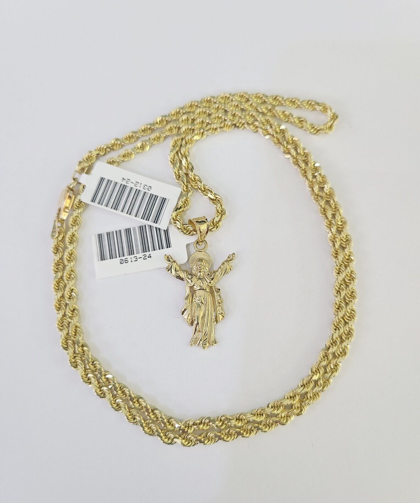 10k Solid Rope Chain 3mm Jesus Full Body Pendant Charm Necklace SET 18 - 28 in - GoldenlinQ