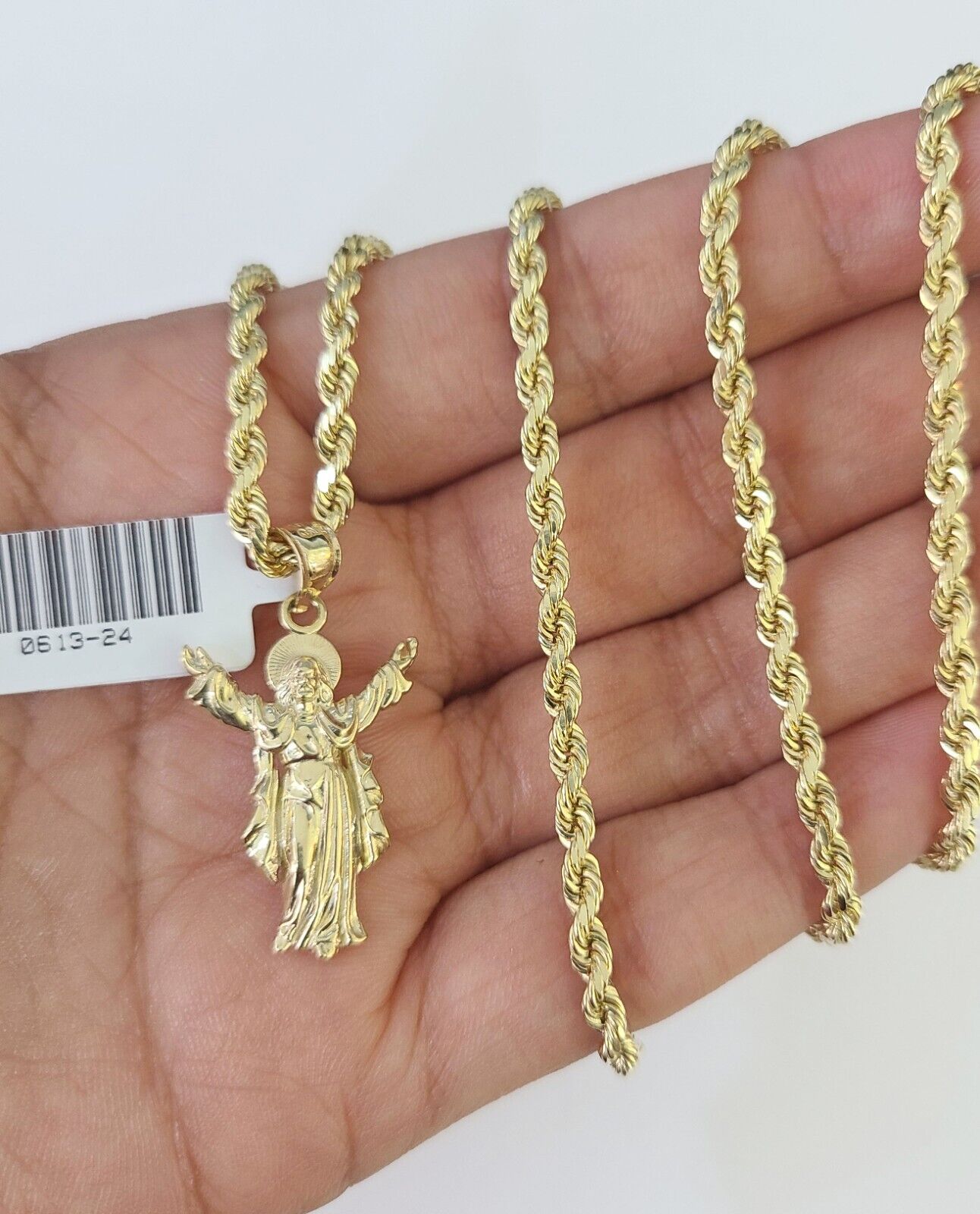10k Solid Rope Chain 3mm Jesus Full Body Pendant Charm Necklace SET 18 - 28 in - GoldenlinQ