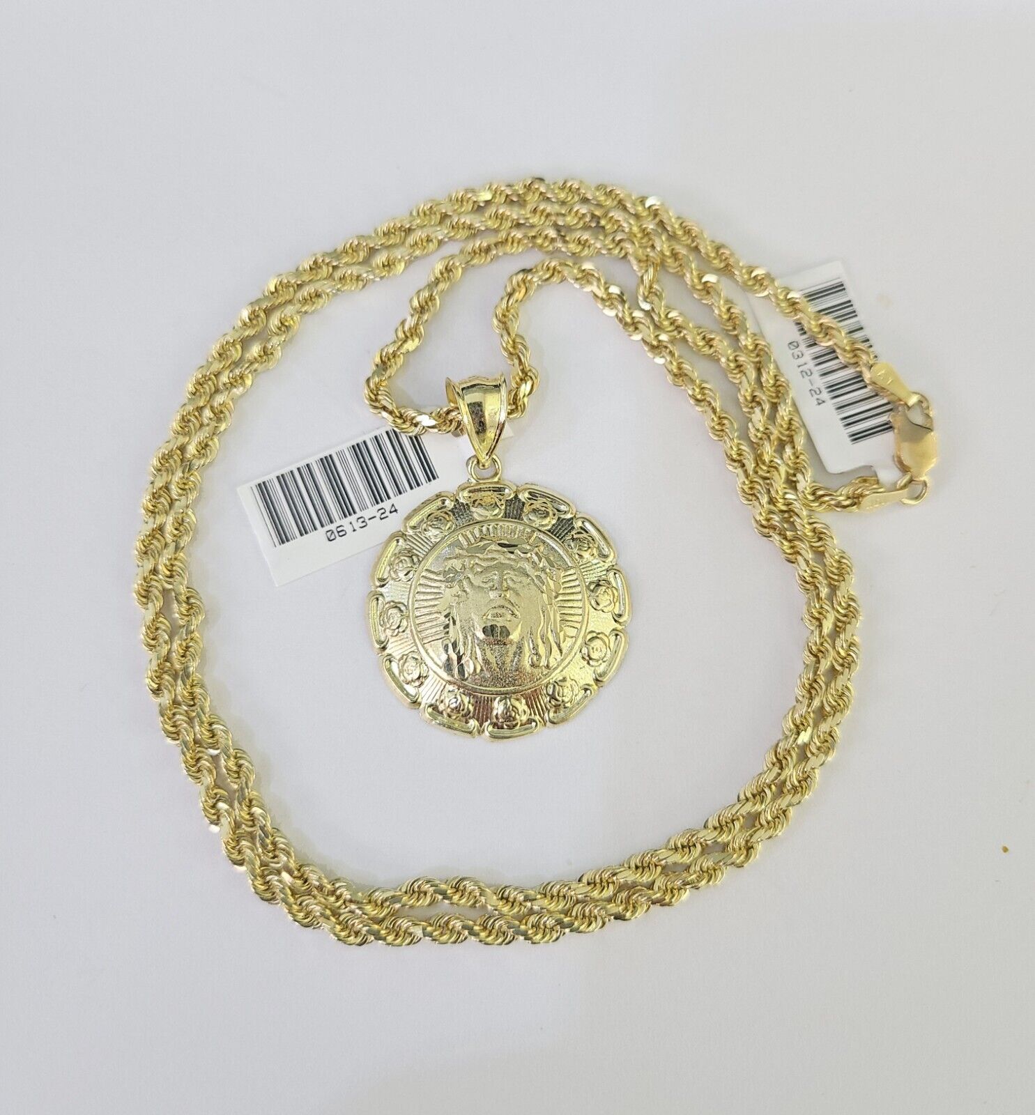 10k Solid Rope Chain 3mm Jesus Head Pendant Charm Necklace SET 18 - 28 in - GoldenlinQ