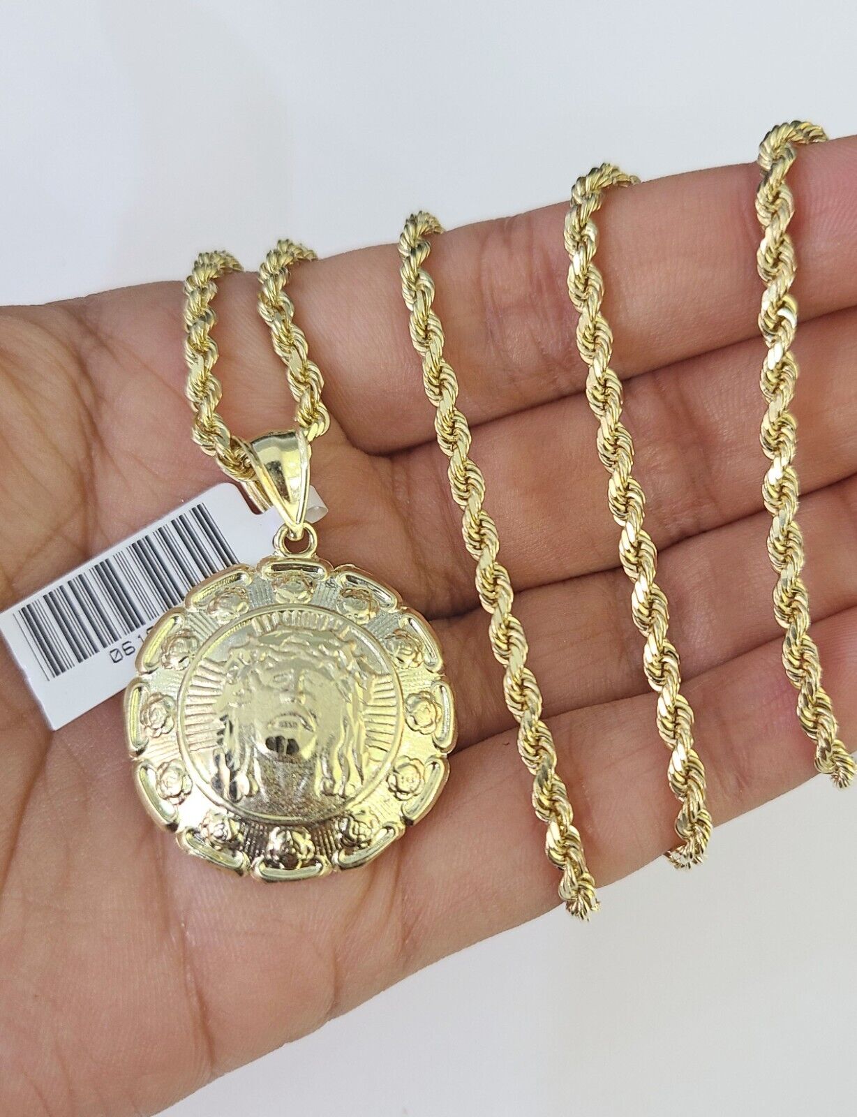 10k Solid Rope Chain 3mm Jesus Head Pendant Charm Necklace SET 18 - 28 in - GoldenlinQ