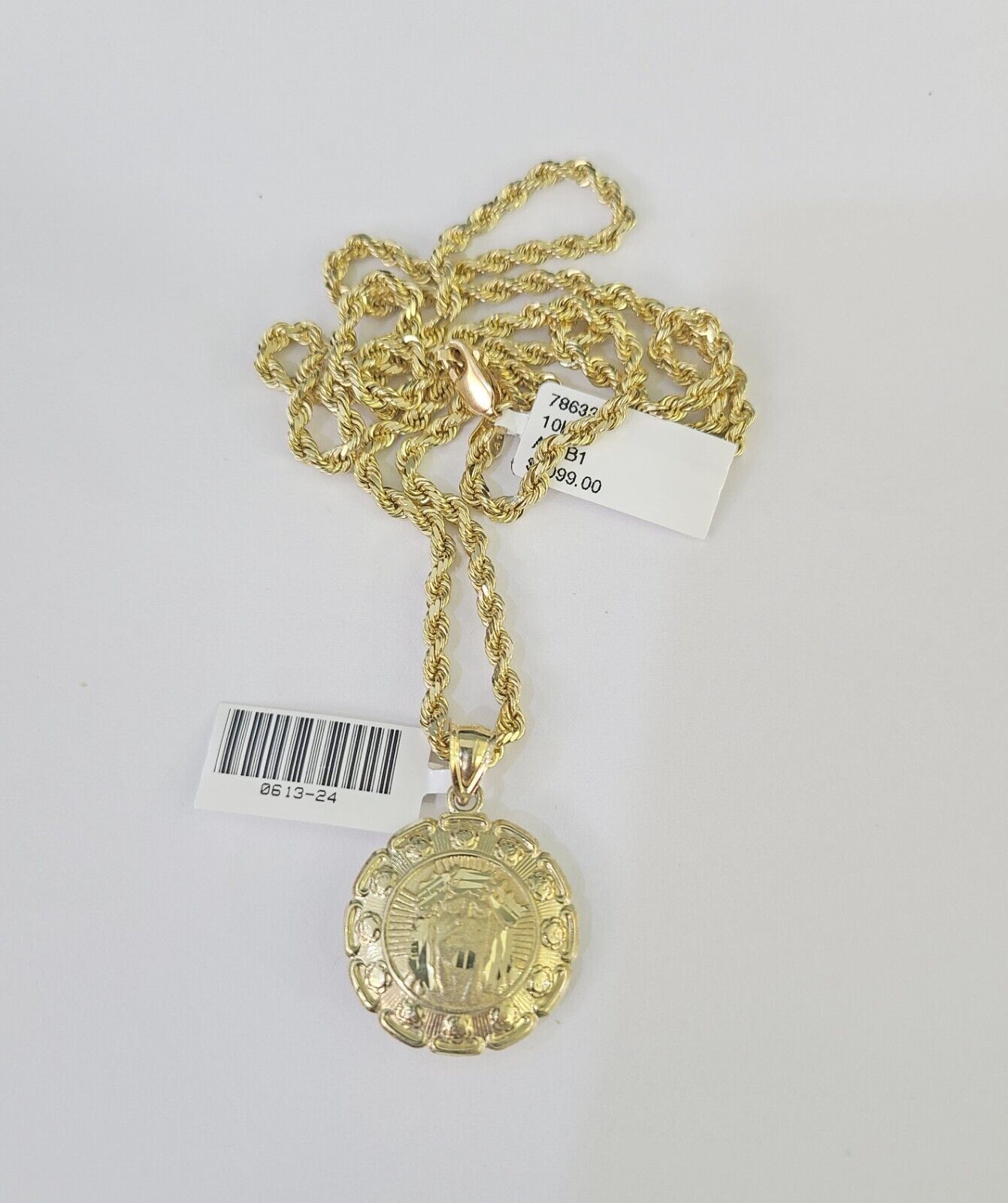 10k Solid Rope Chain 3mm Jesus Virgin Mary Pendant Two Side Necklace 18 - 28 in - GoldenlinQ