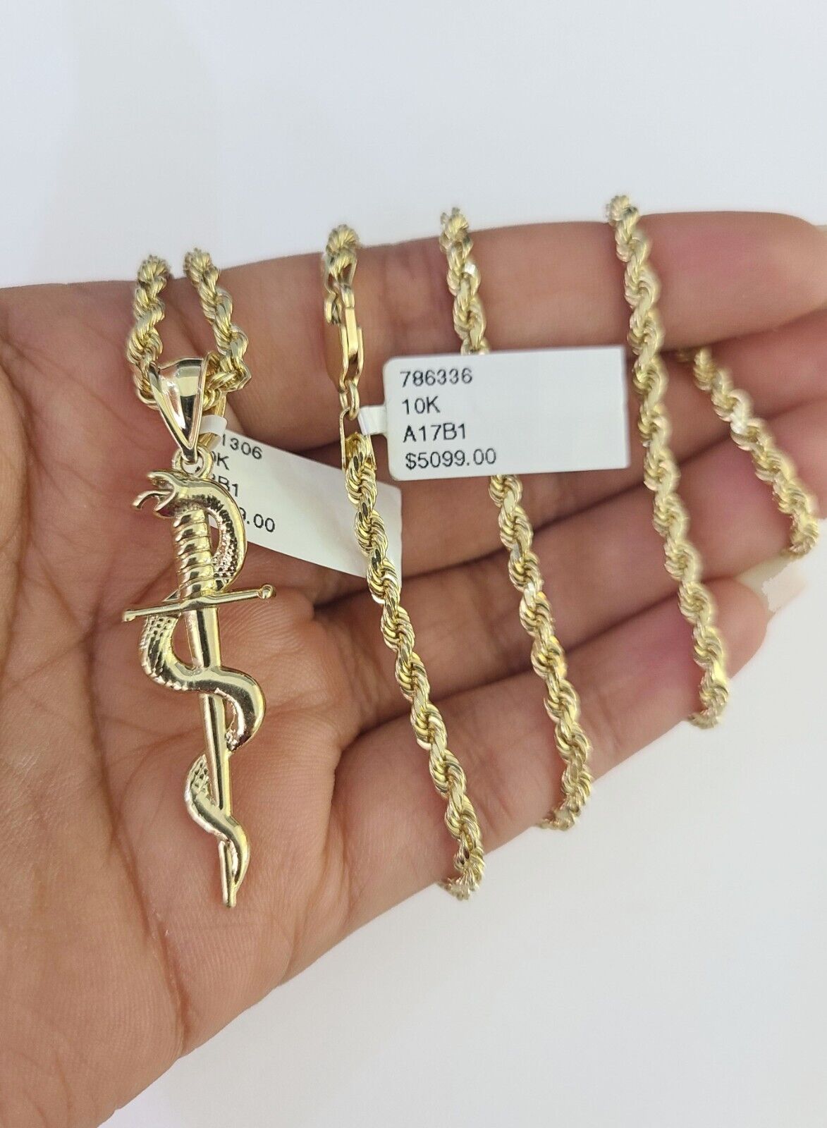 10k Solid Rope Chain 3mm Snake Sword Pendant Charm Necklace SET 18 - 28 in - GoldenlinQ