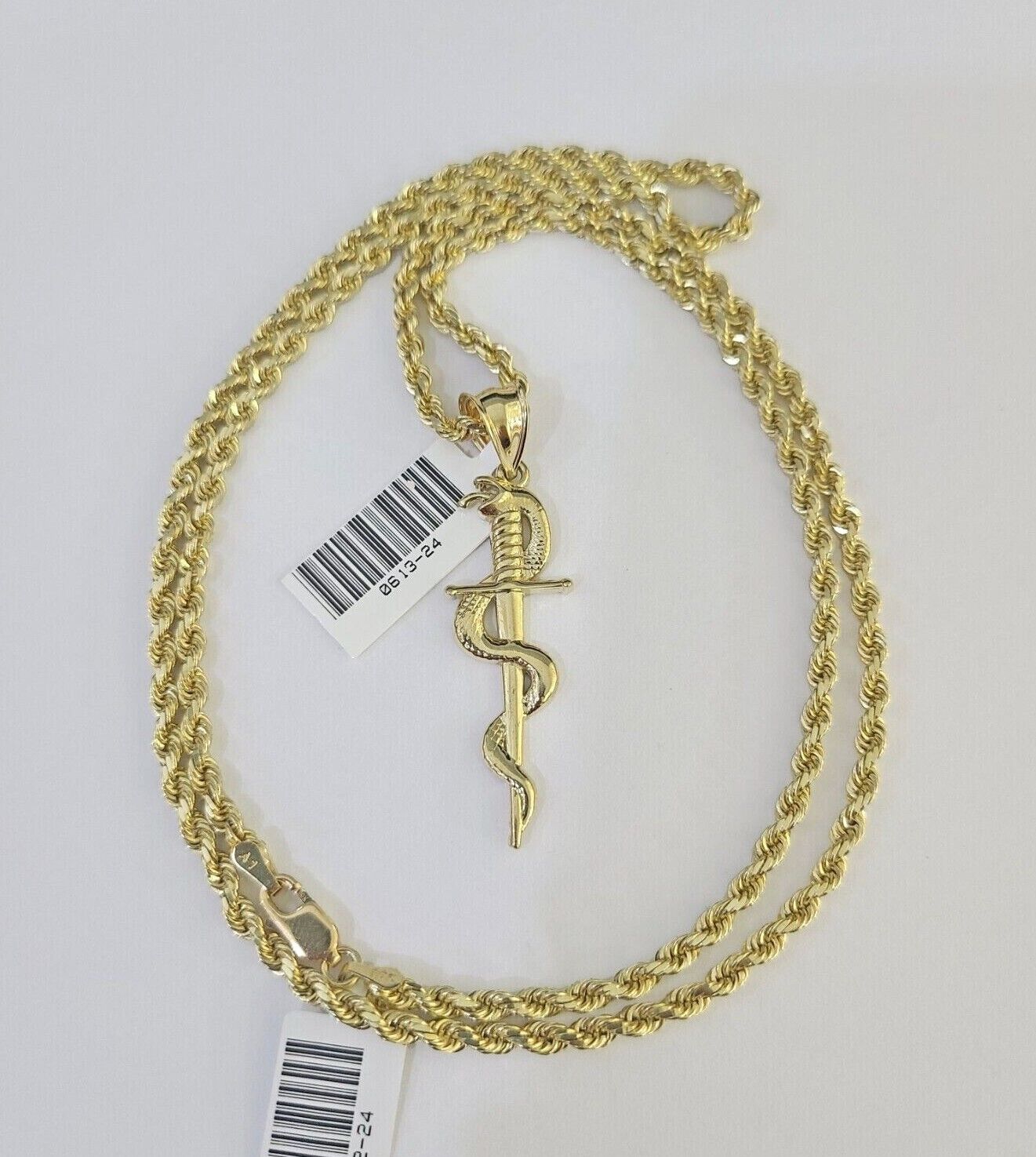 10k Solid Rope Chain 3mm Snake Sword Pendant Charm Necklace SET 18 - 28 in - GoldenlinQ