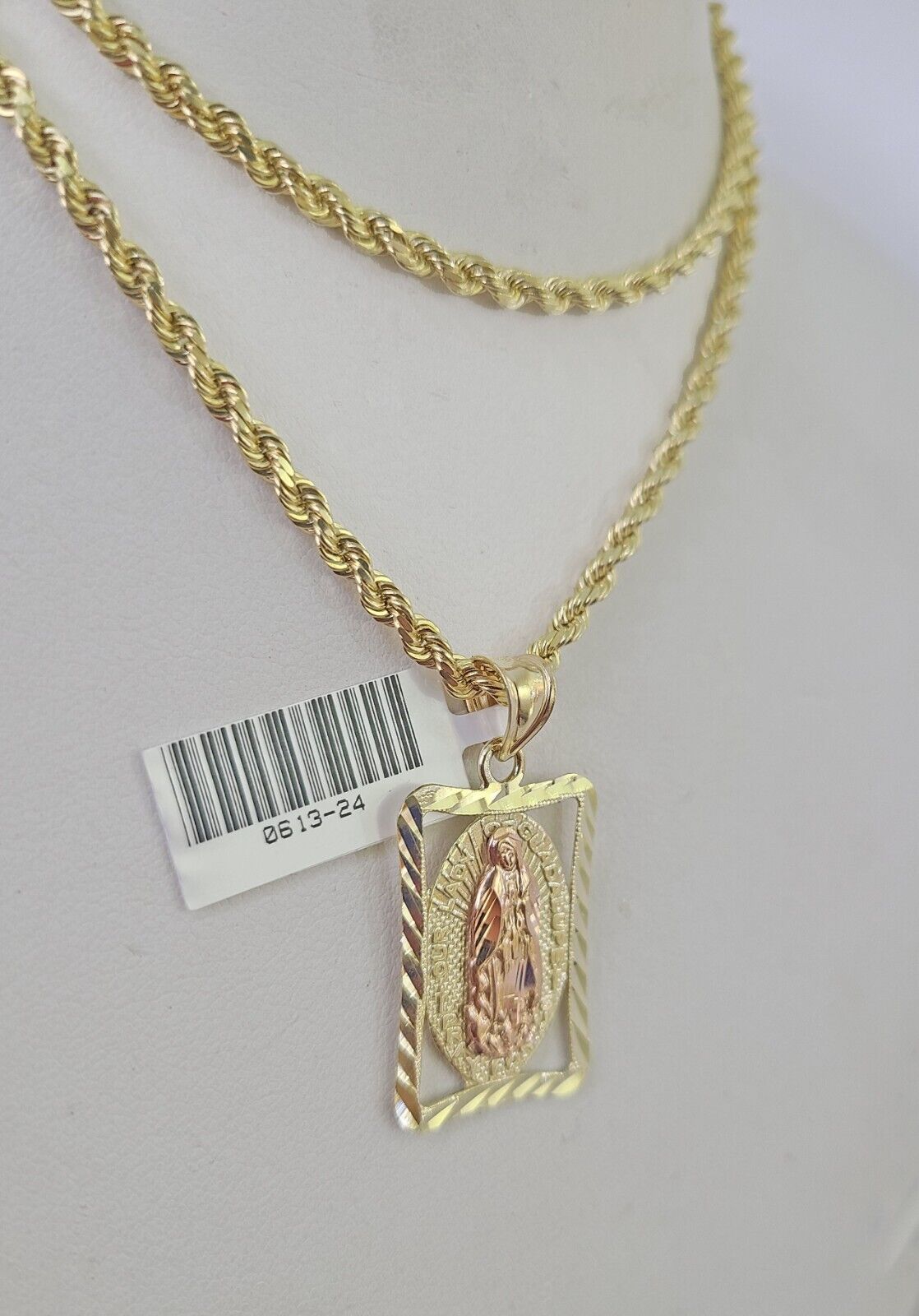 10k Solid Rope Chain 3mm Virgin Mary Pendant Charm Necklace SET 18 - 28 in - GoldenlinQ