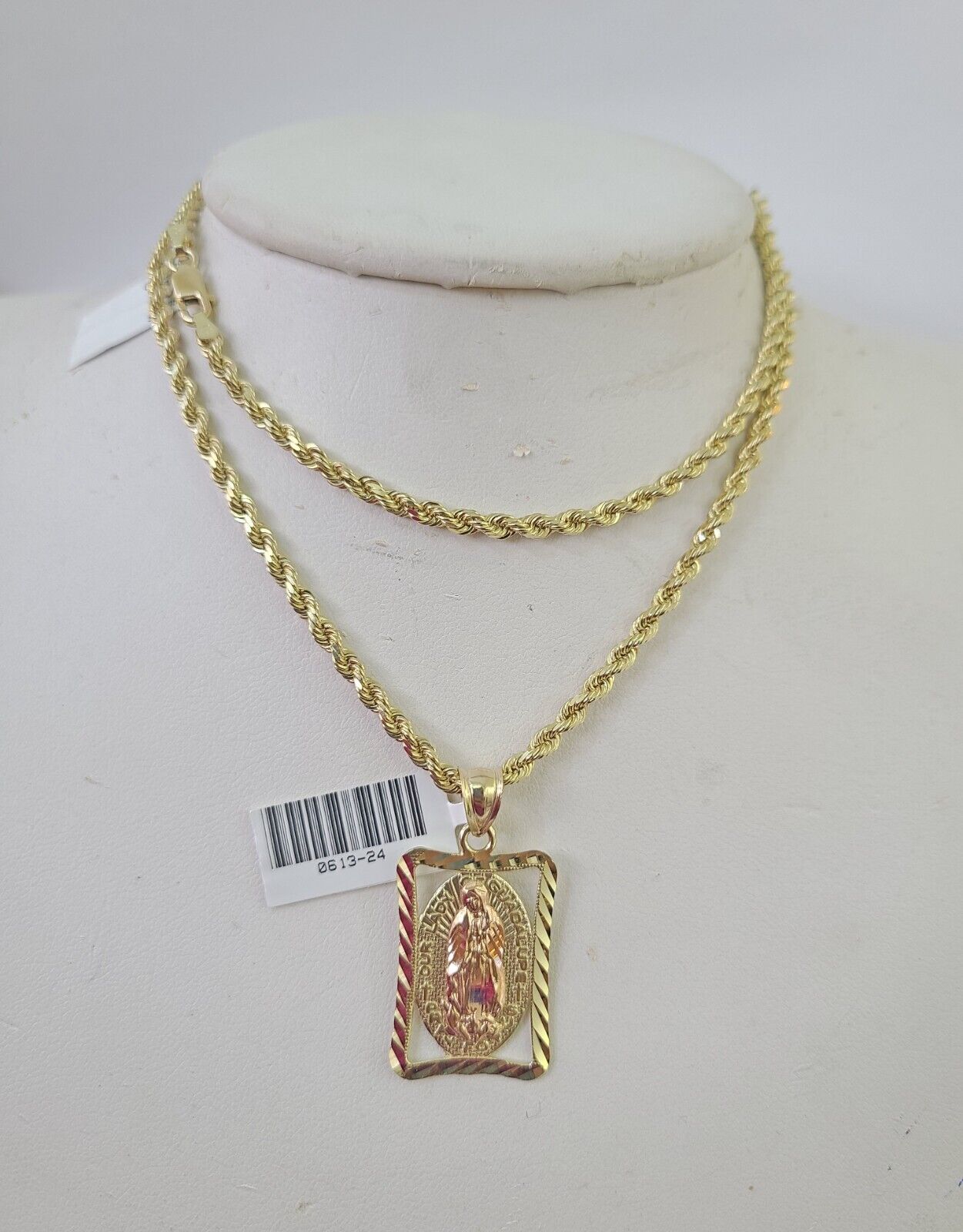 10k Solid Rope Chain 3mm Virgin Mary Pendant Charm Necklace SET 18 - 28 in - GoldenlinQ