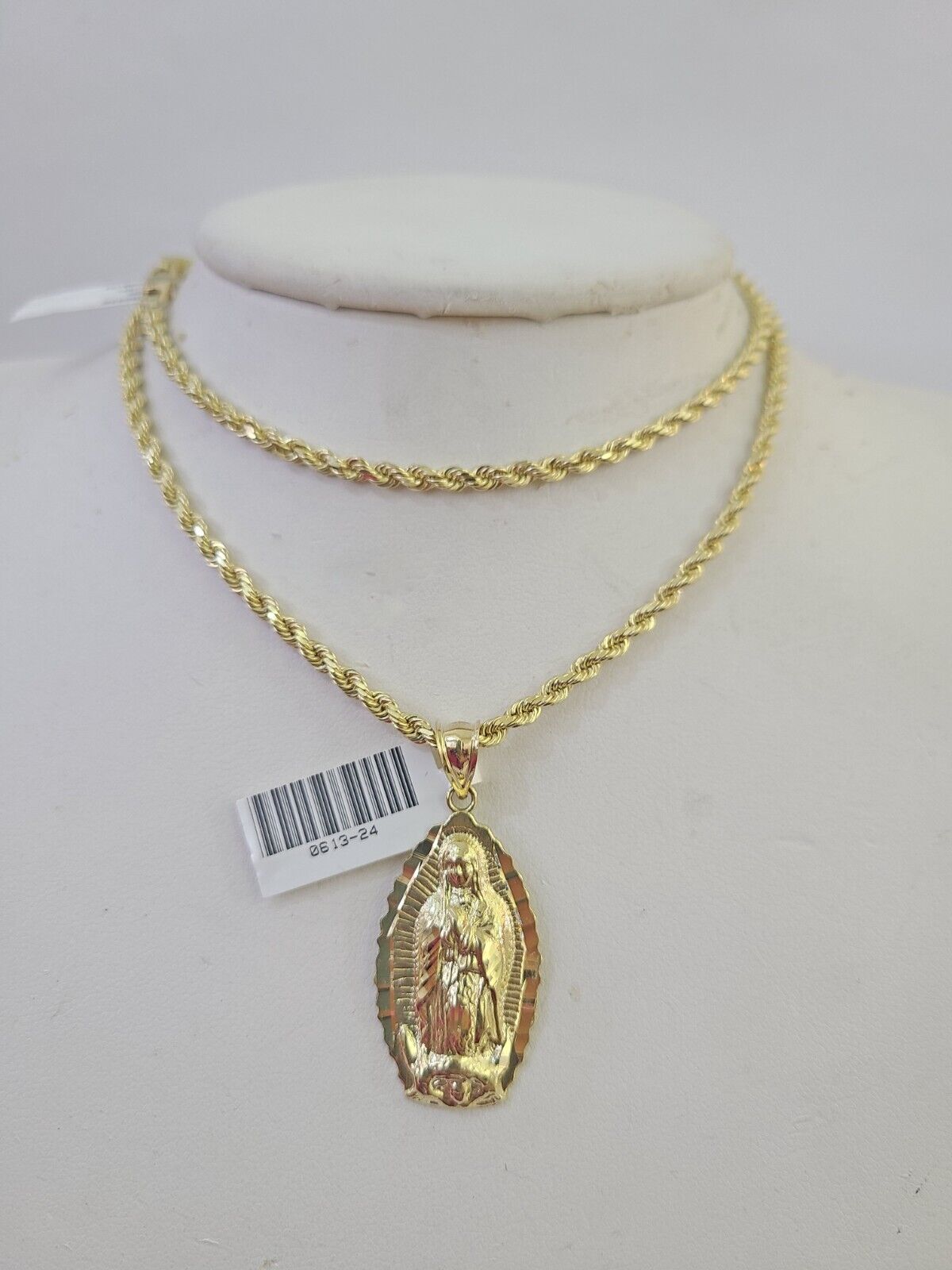 10k Solid Rope Chain 3mm Virgin Mary Pendant Charm Necklace SET 18 - 28 in - GoldenlinQ