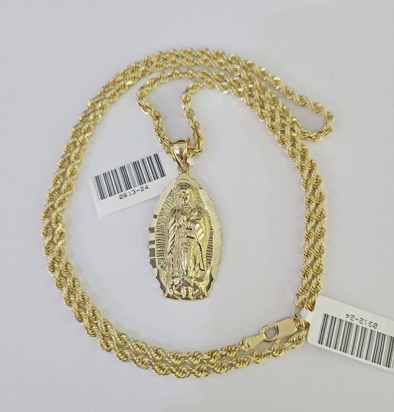 10k Solid Rope Chain 3mm Virgin Mary Pendant Charm Necklace SET 18 - 28 in - GoldenlinQ