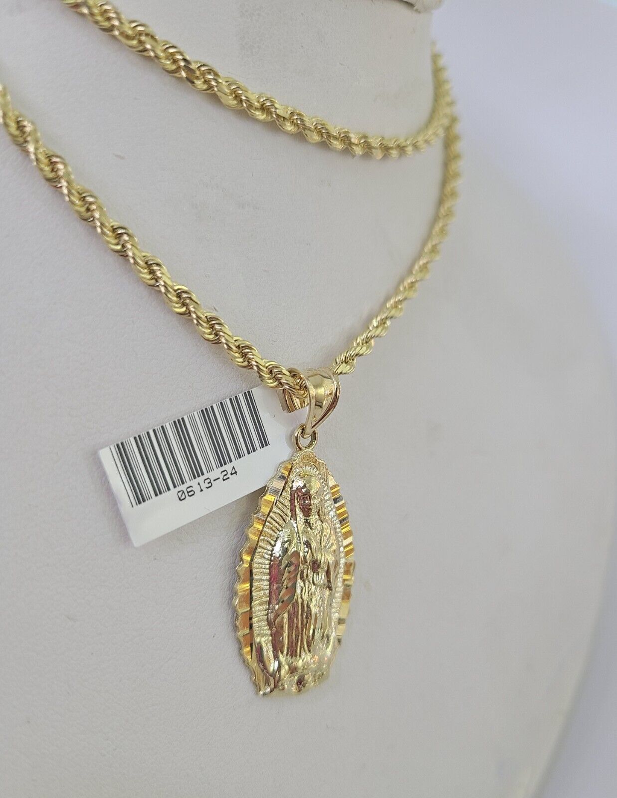 10k Solid Rope Chain 3mm Virgin Mary Pendant Charm Necklace SET 18 - 28 in - GoldenlinQ