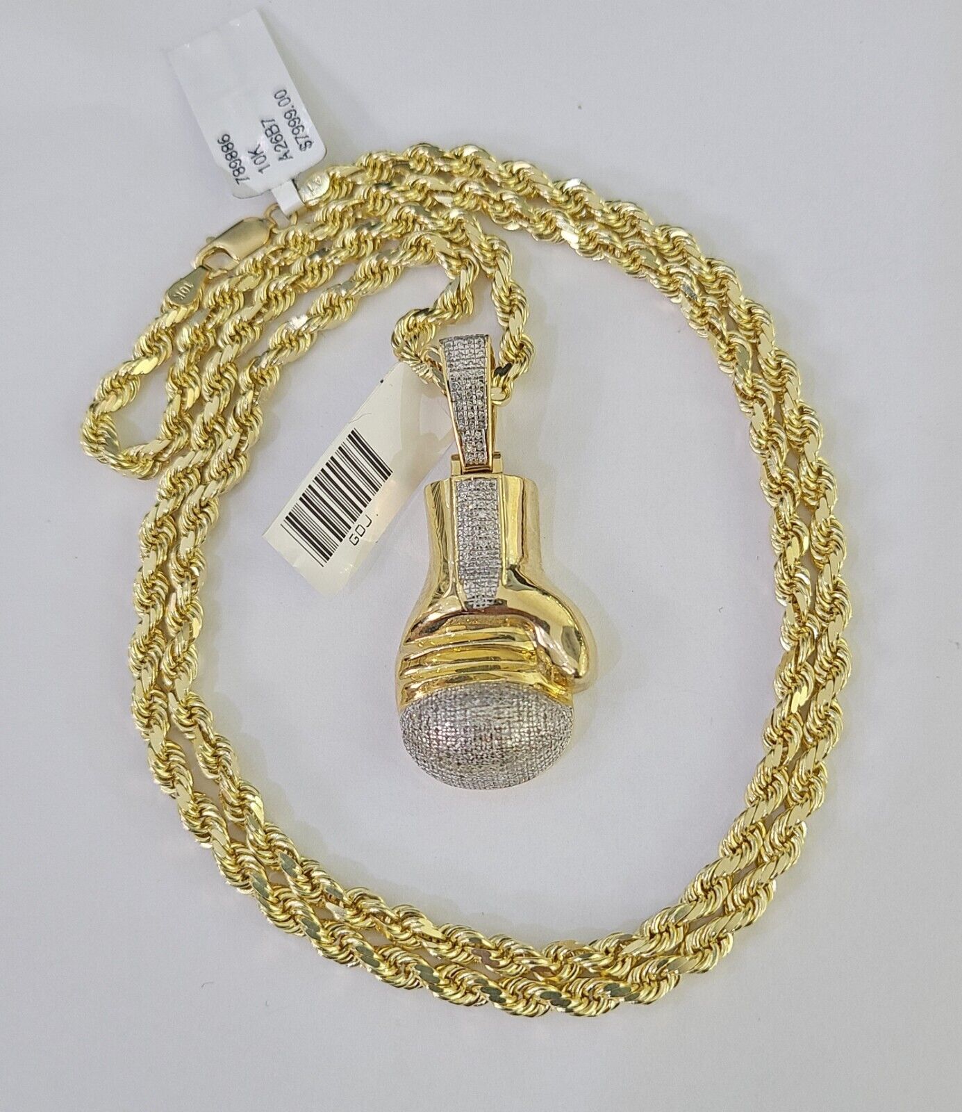 10k Solid Rope Chain Boxing Gloves Charm Diamond Set 4mm 20" - 28" Necklace Gold - GoldenlinQ