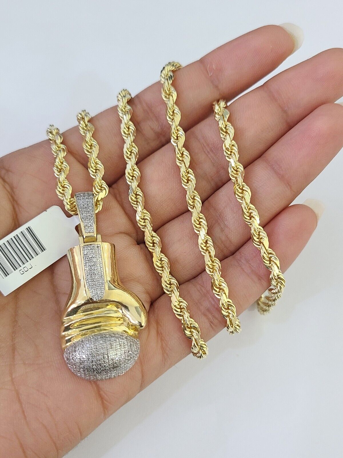 10k Solid Rope Chain Boxing Gloves Charm Diamond Set 4mm 20" - 28" Necklace Gold - GoldenlinQ